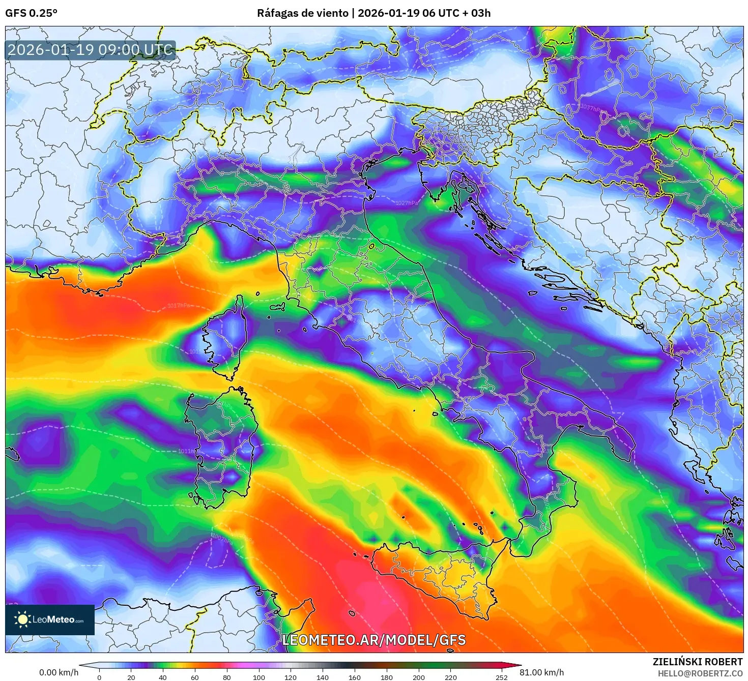 GFS model - Italia, Ráfagas de viento