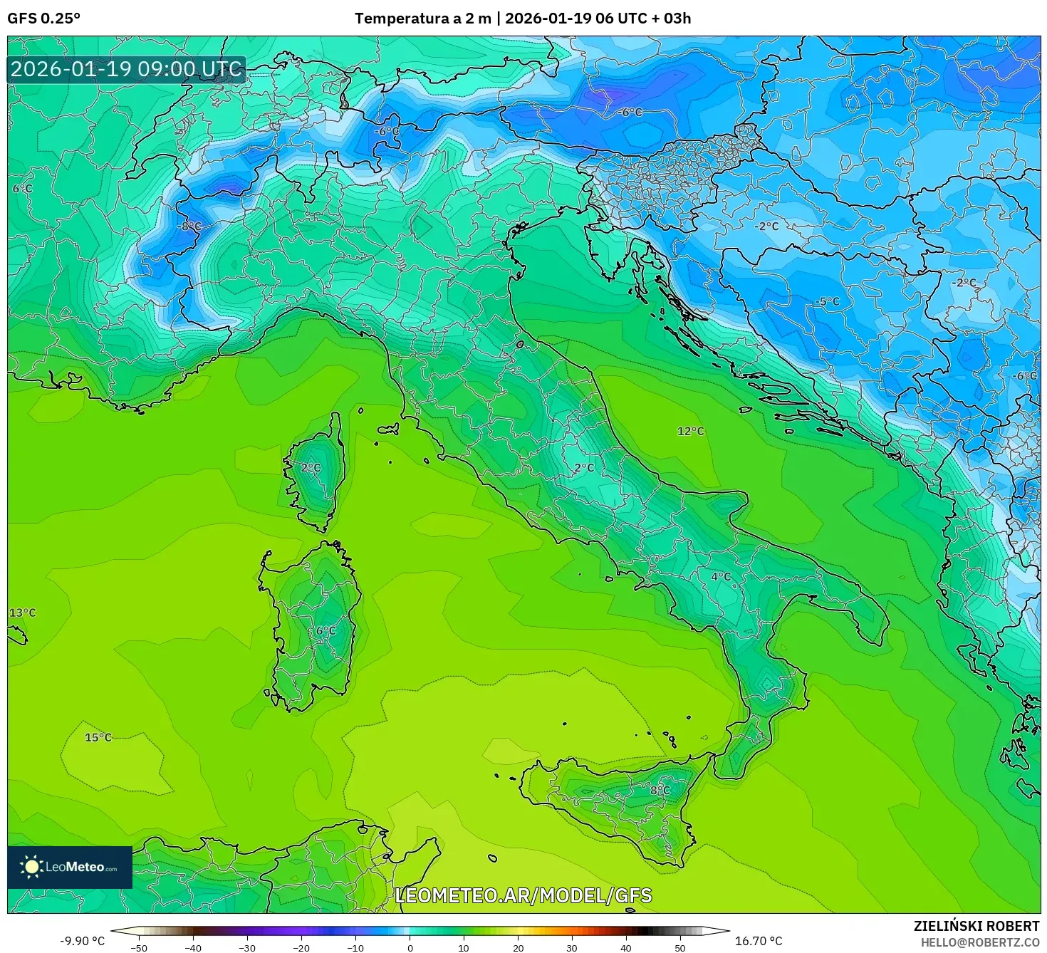 GFS model - Italia, Temperatura a 2 m