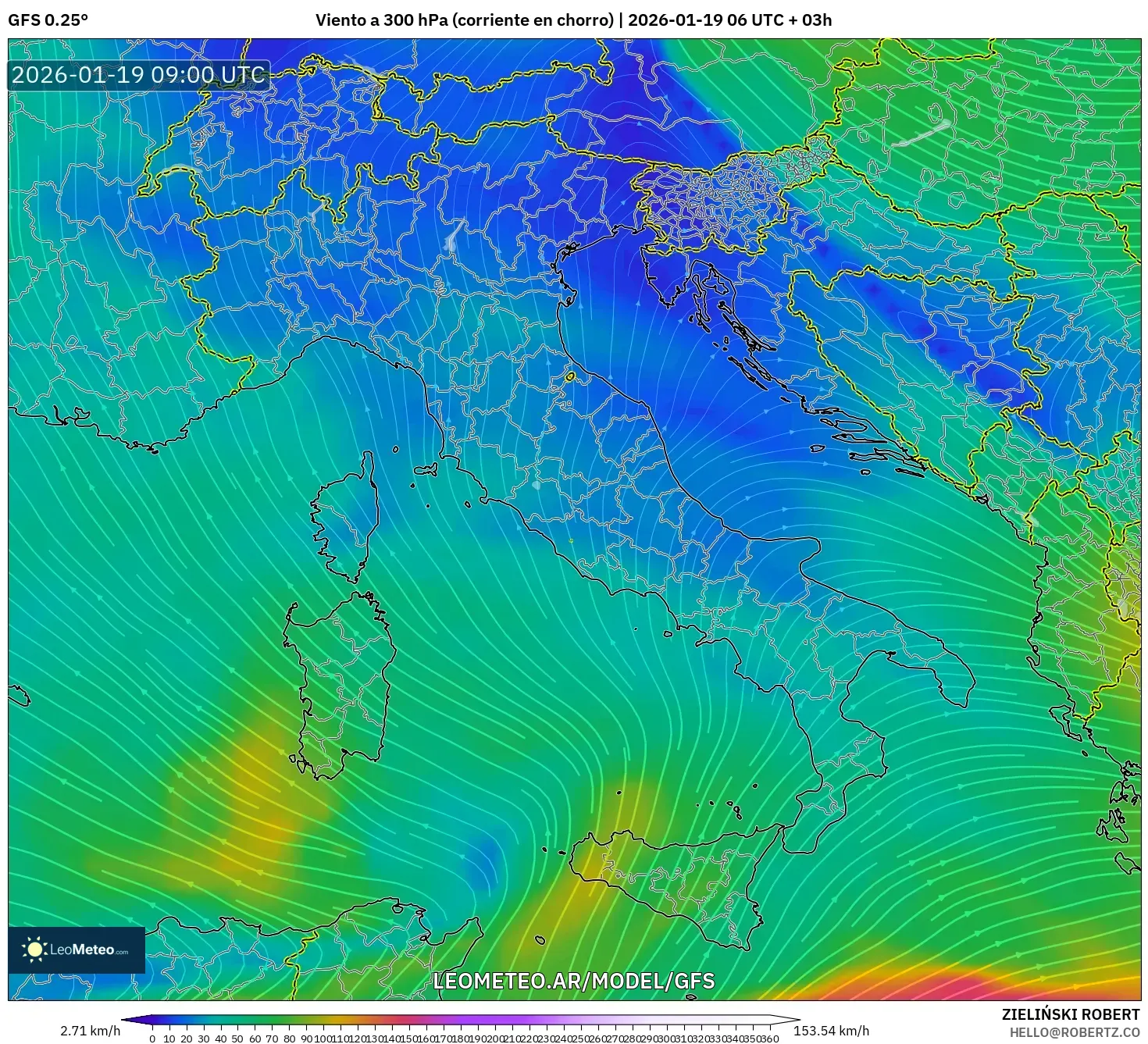 GFS model - Italia, Viento a 300 hPa (corriente en chorro)