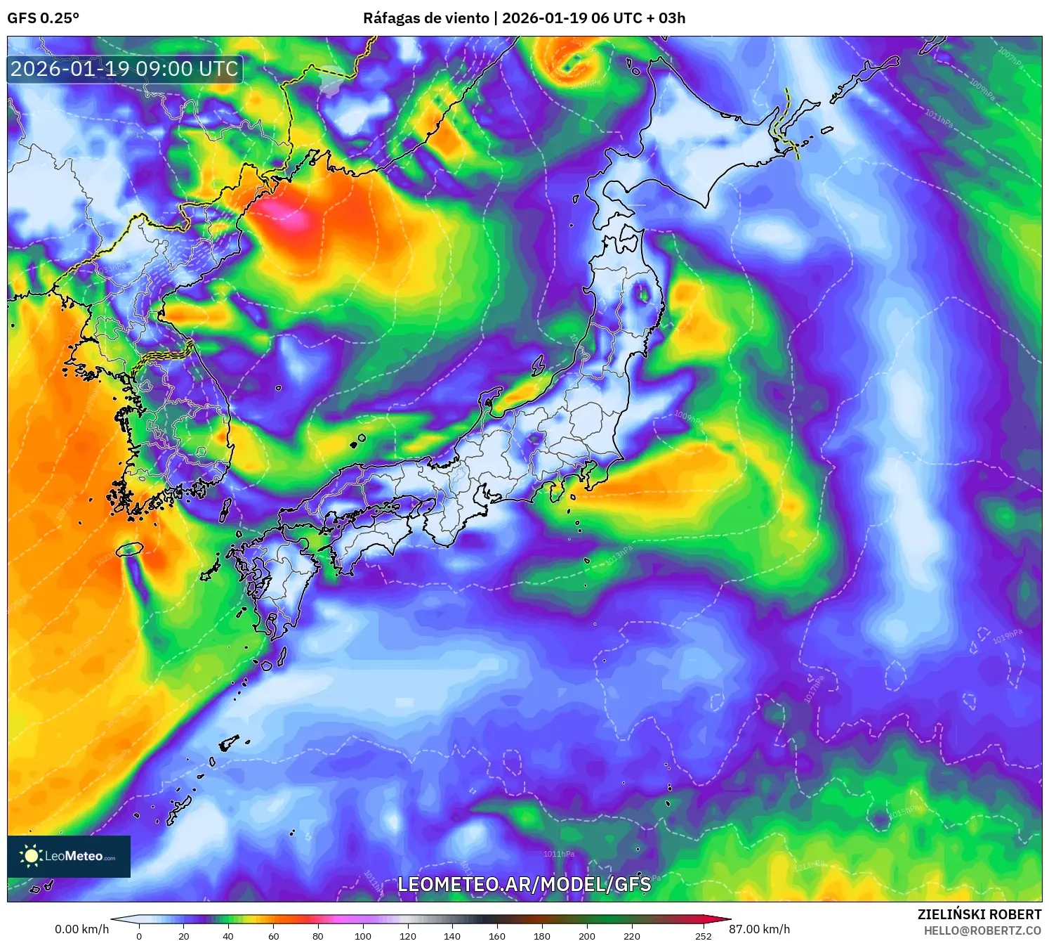 GFS model - Japón, Ráfagas de viento