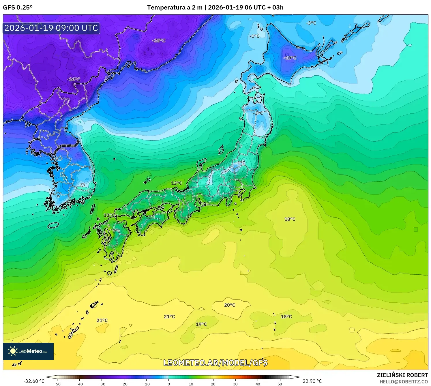 GFS model - Japón, Temperatura a 2 m