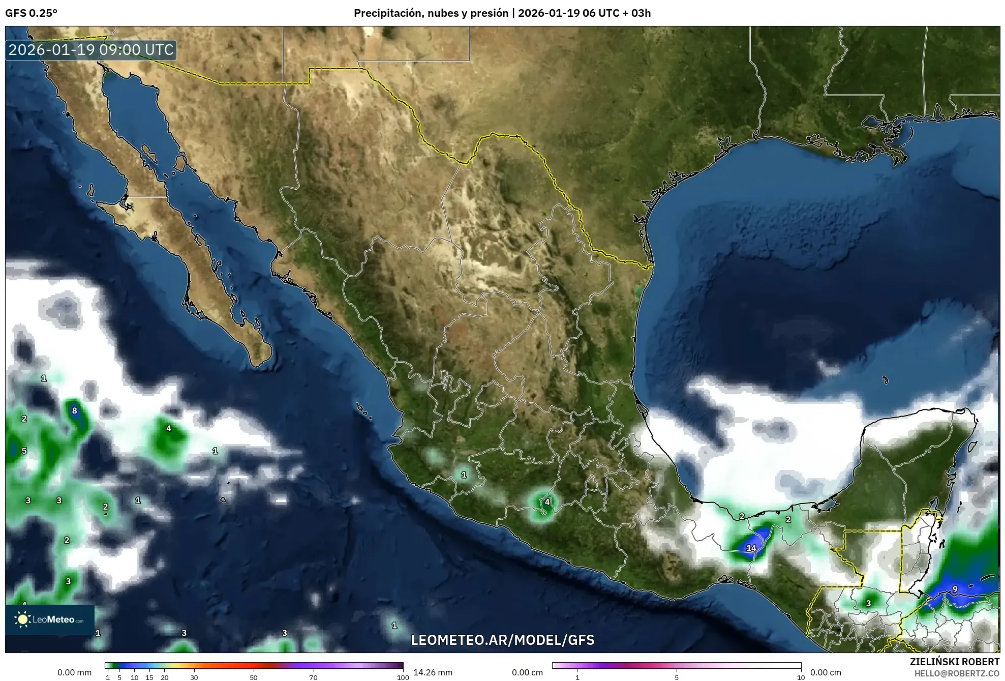 GFS model - México, Precipitación, nubes y presión