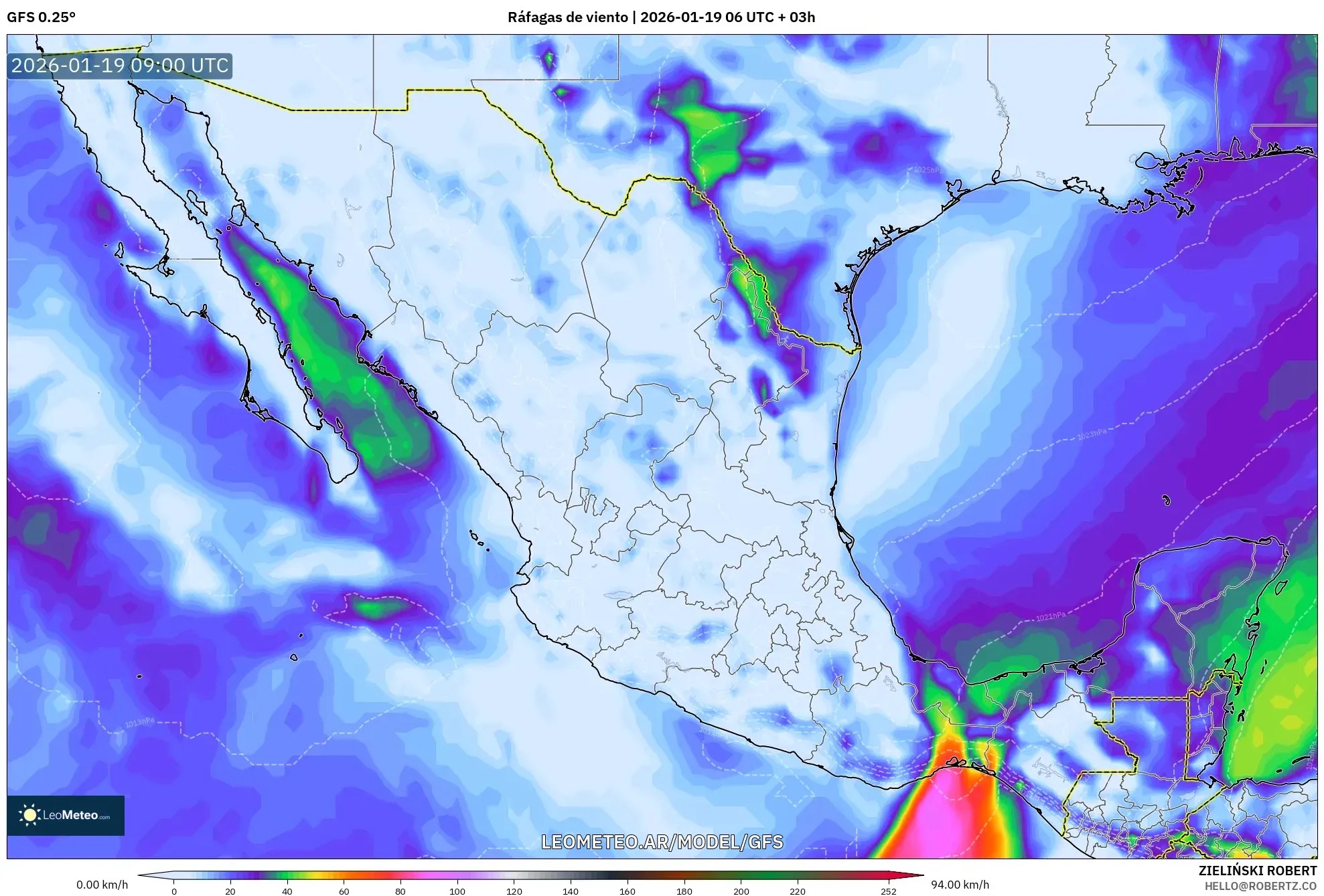 GFS model - México, Ráfagas de viento