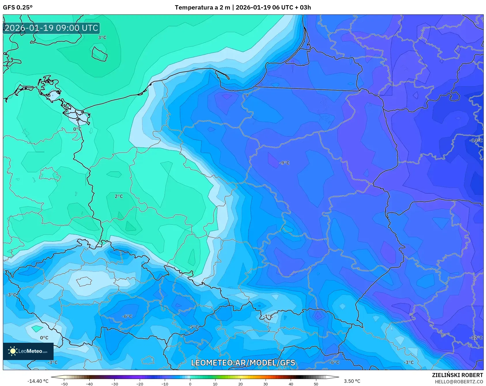 GFS model - Polonia, Temperatura a 2 m