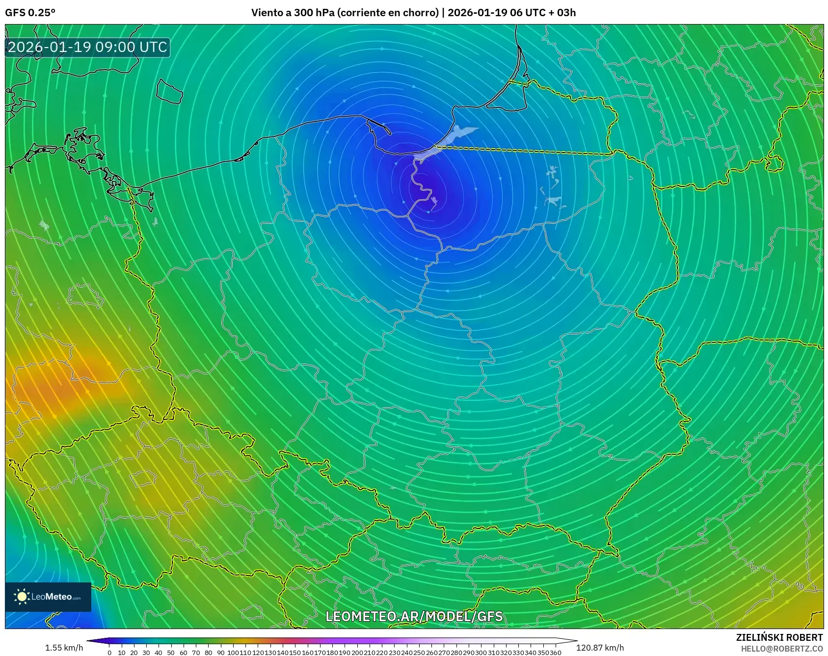 GFS model - Polonia, Viento a 300 hPa (corriente en chorro)