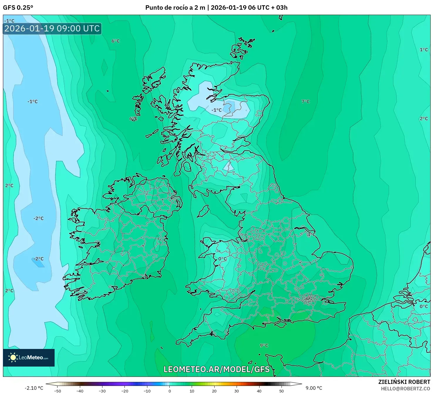 GFS model - Reino Unido, Punto de rocío a 2 m