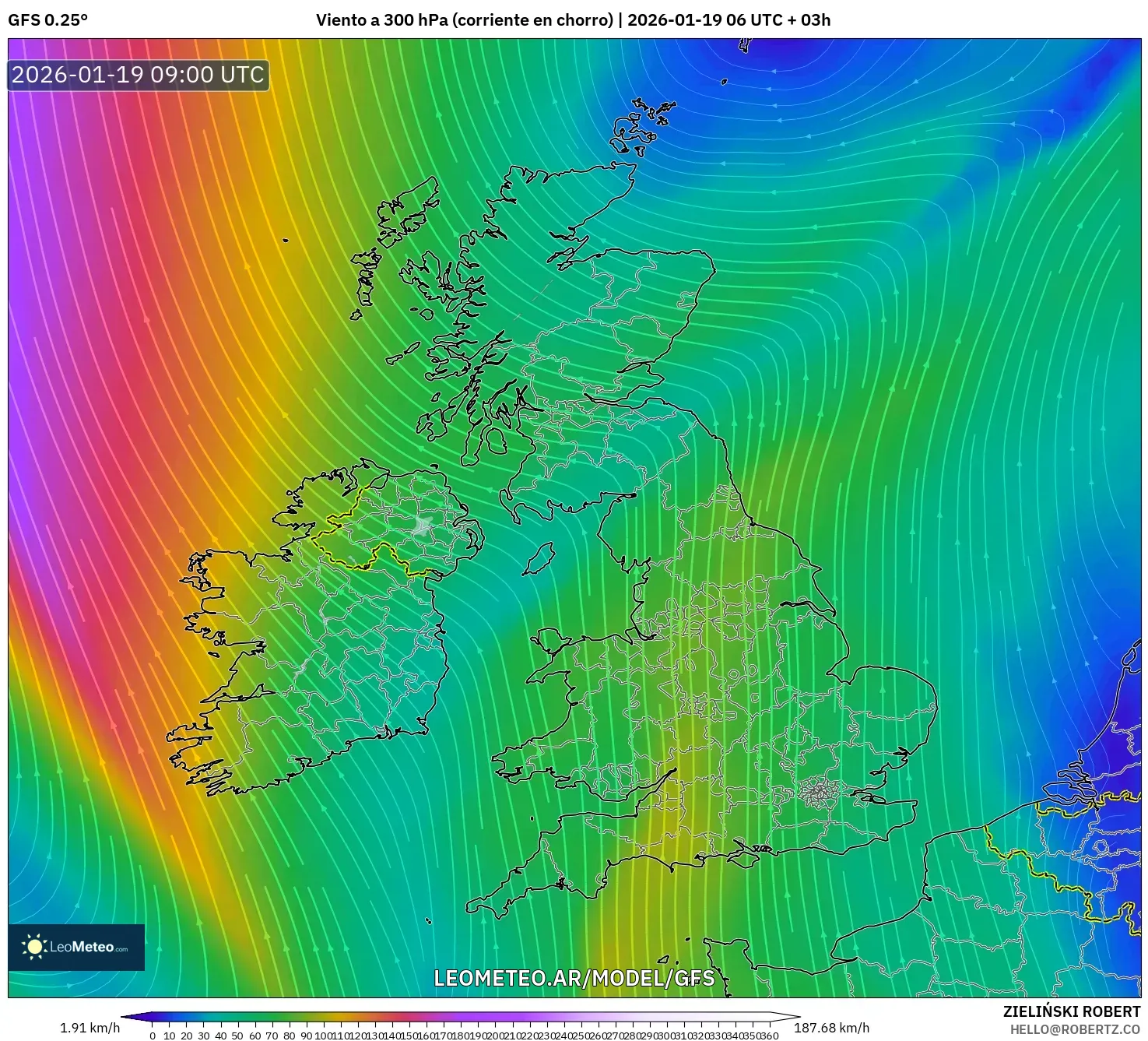 GFS model - Reino Unido, Viento a 300 hPa (corriente en chorro)