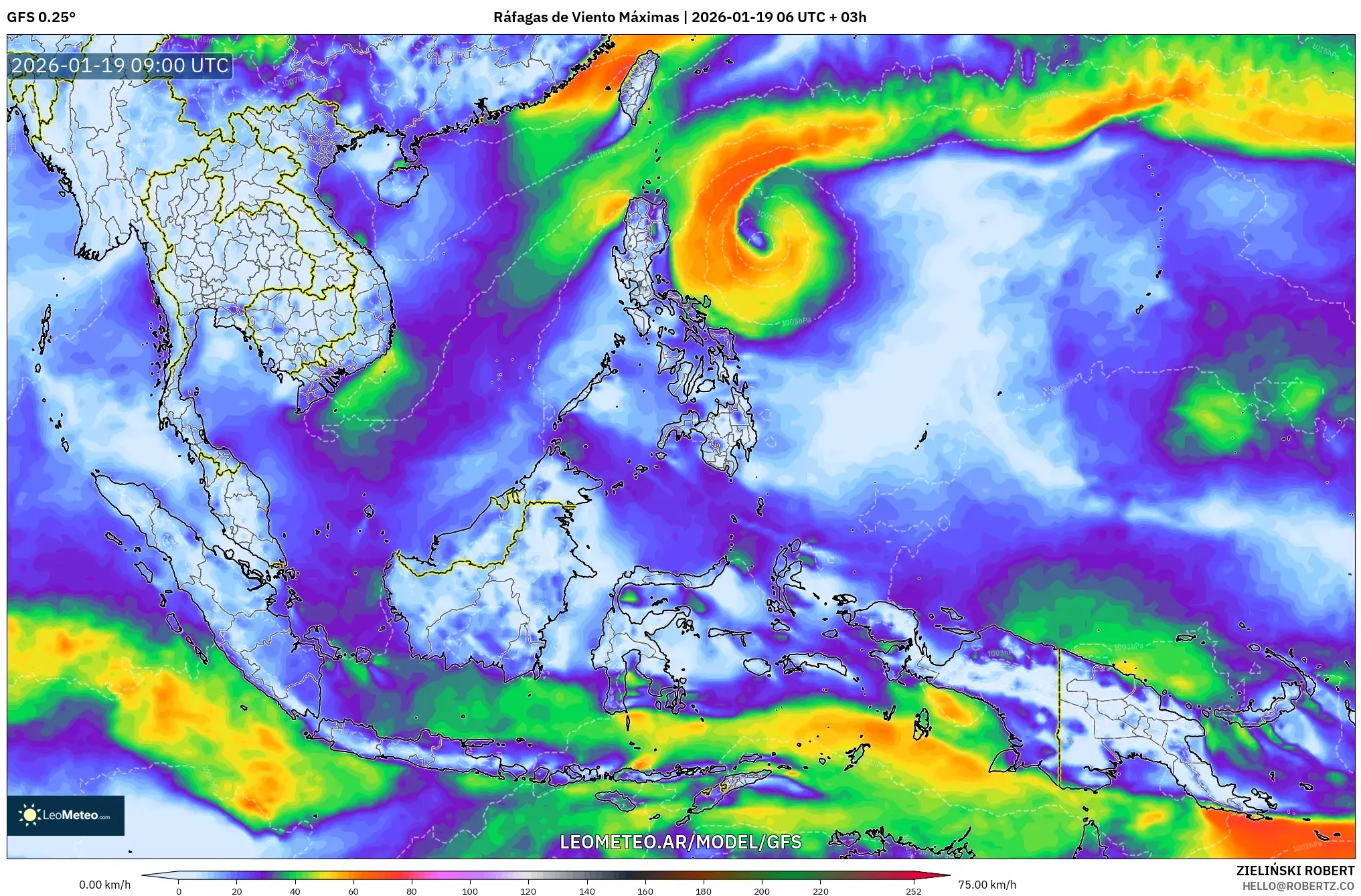 GFS model - Sudeste Asiático, Ráfagas de Viento Máximas