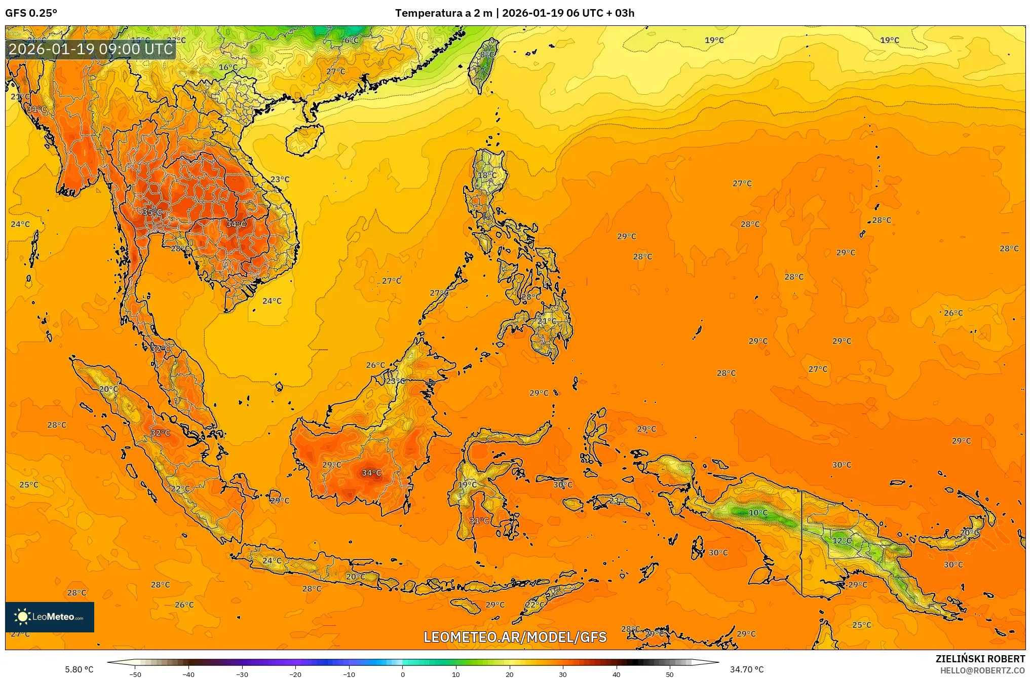 GFS model - Sudeste Asiático, Temperatura a 2 m