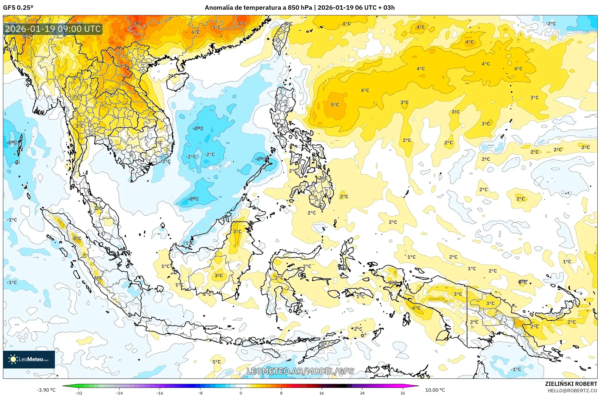 GFS model - Sudeste Asiático, Anomalía de temperatura a 850 hPa