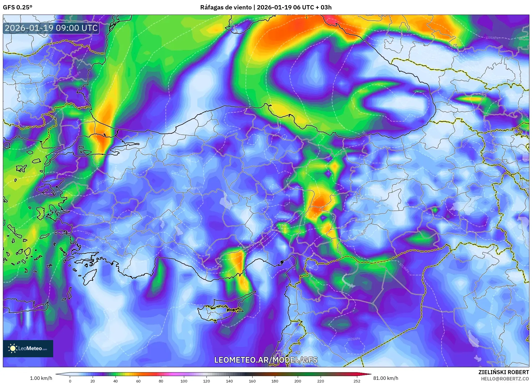 GFS model - Turquía, Ráfagas de viento