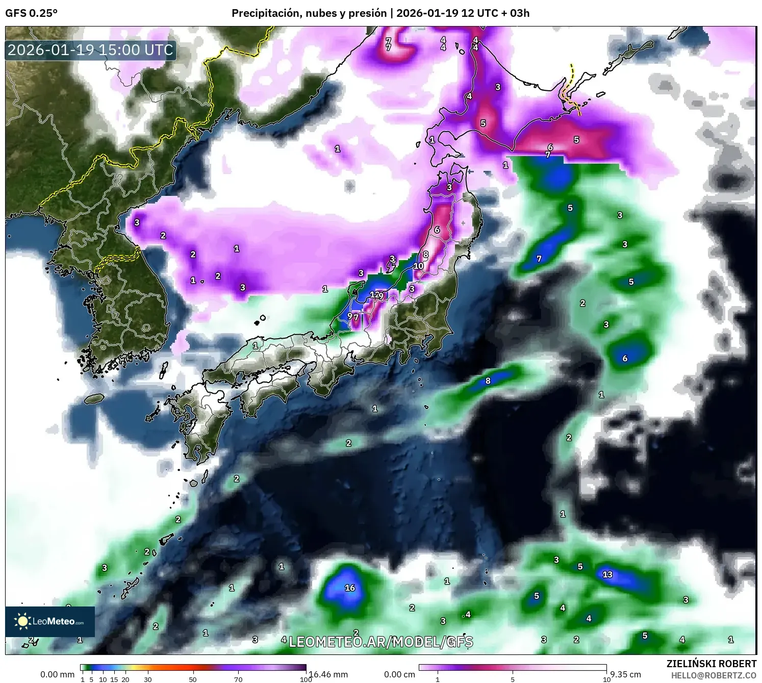 GFS model - Japón, Precipitación, nubes y presión