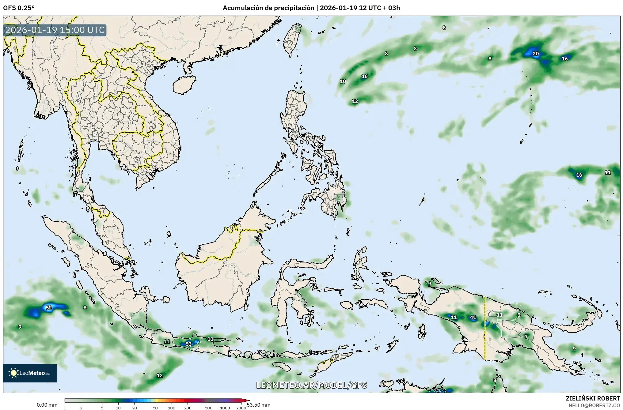 GFS model - Sudeste Asiático, Acumulación de precipitación