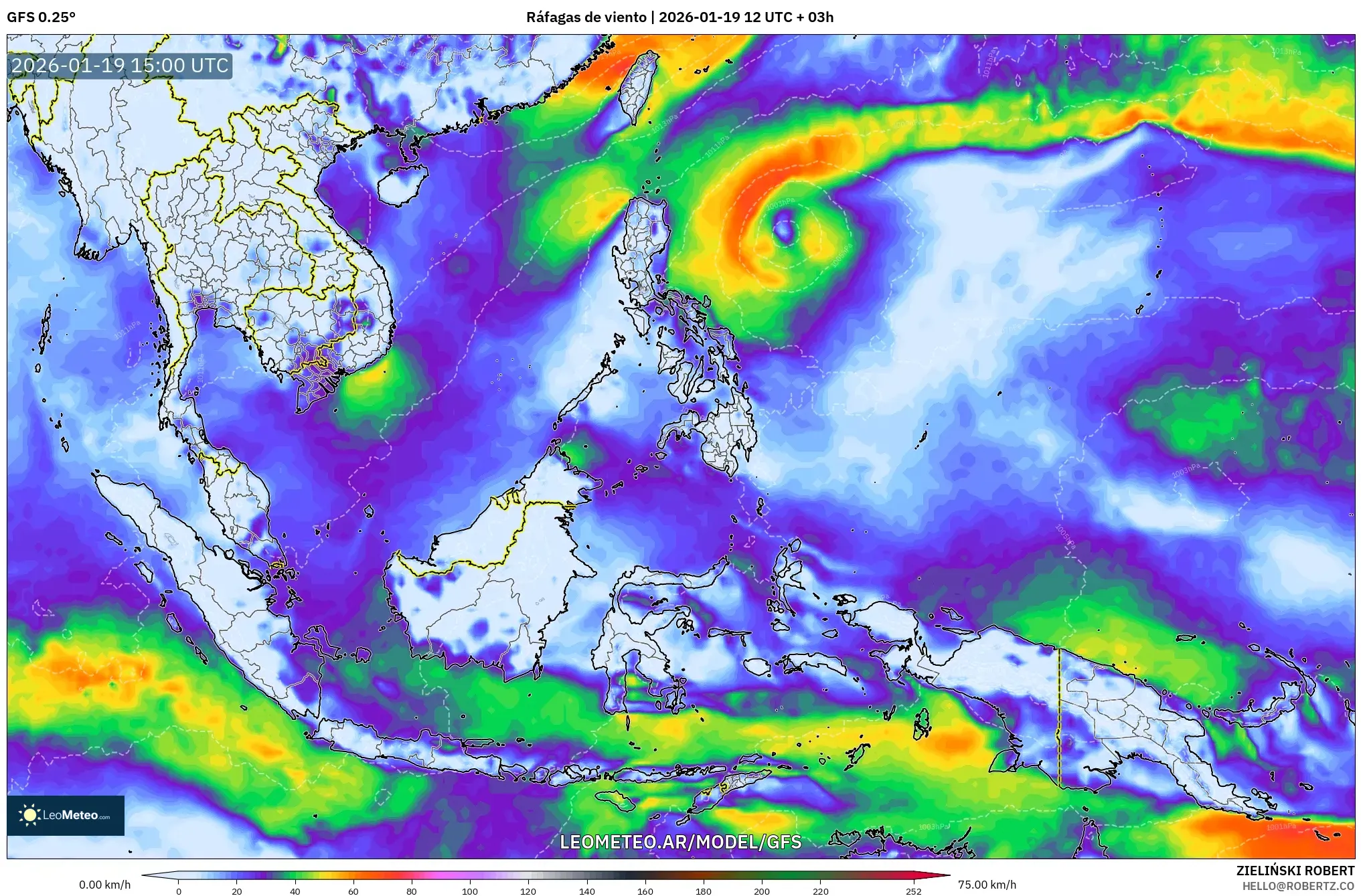 GFS model - Sudeste Asiático, Ráfagas de viento