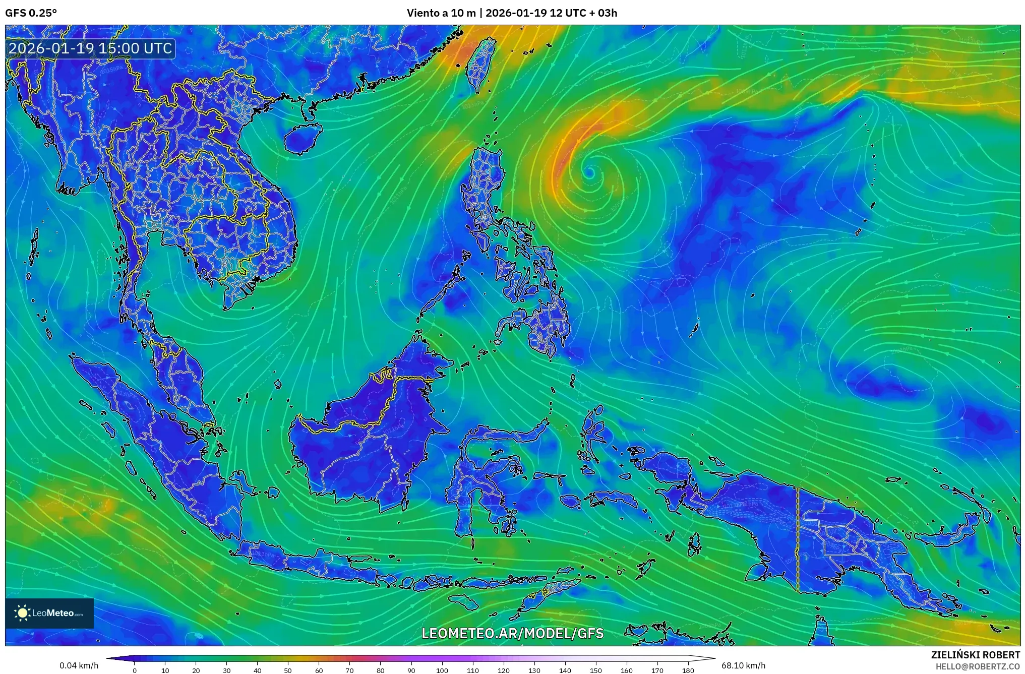 GFS model - Sudeste Asiático, Viento a 10 m