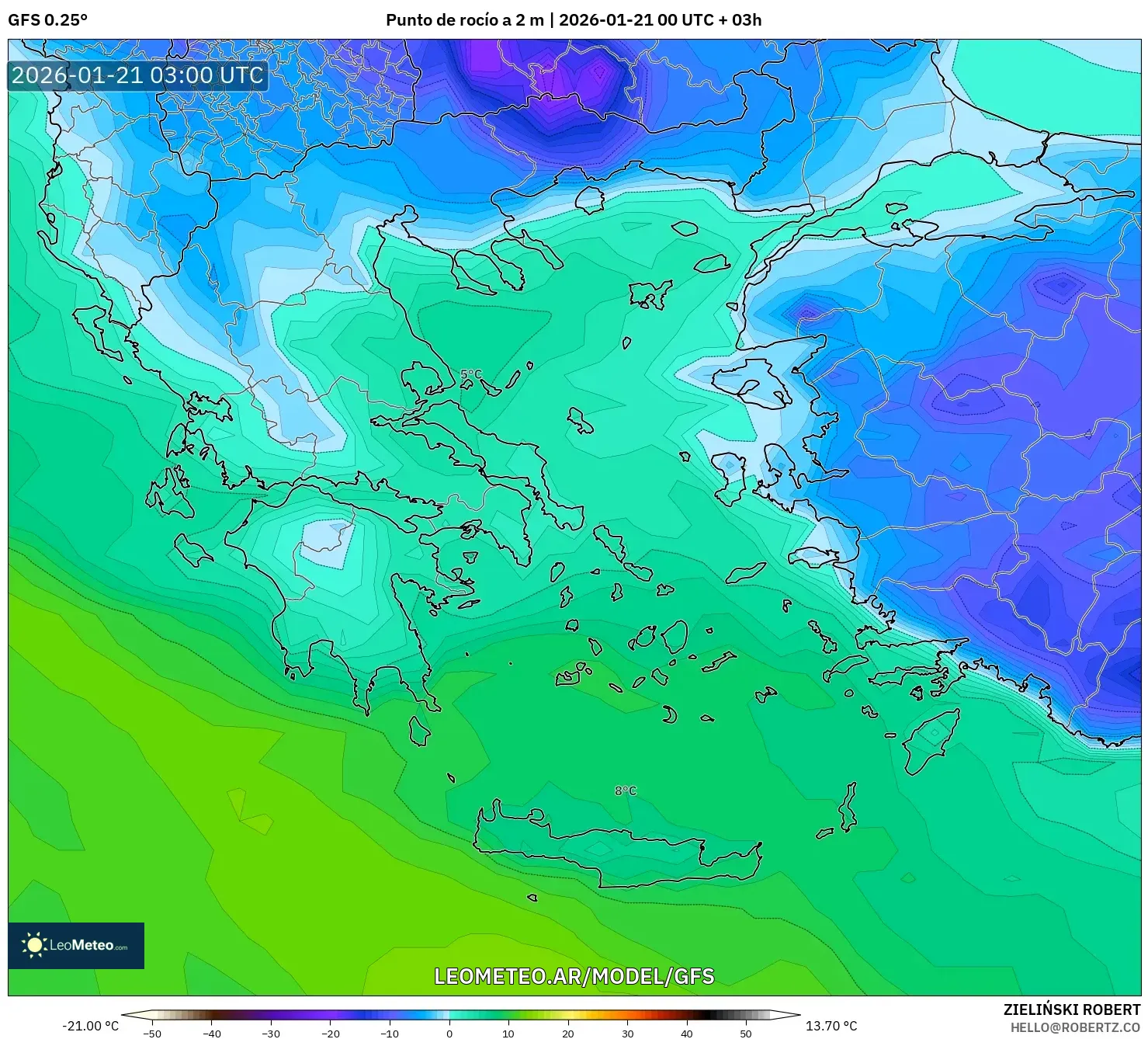 GFS model - Grecia, Punto de rocío a 2 m
