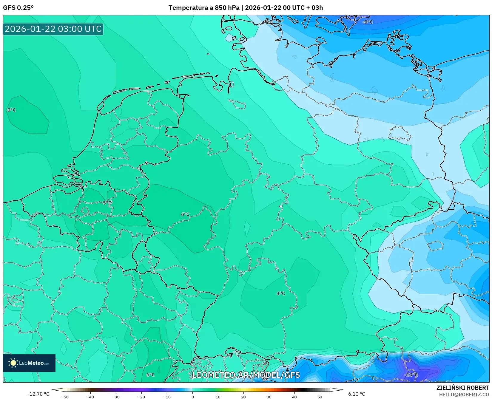 GFS model - Alemania, Temperatura a 850 hPa
