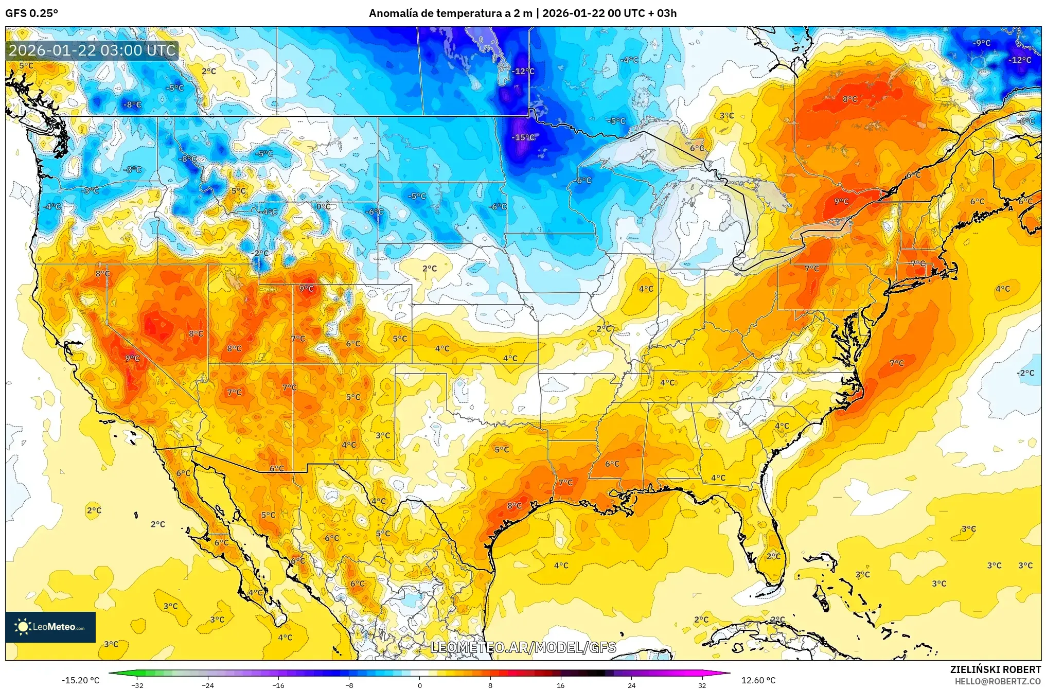 GFS model - Estados Unidos, Anomalía de temperatura a 2 m