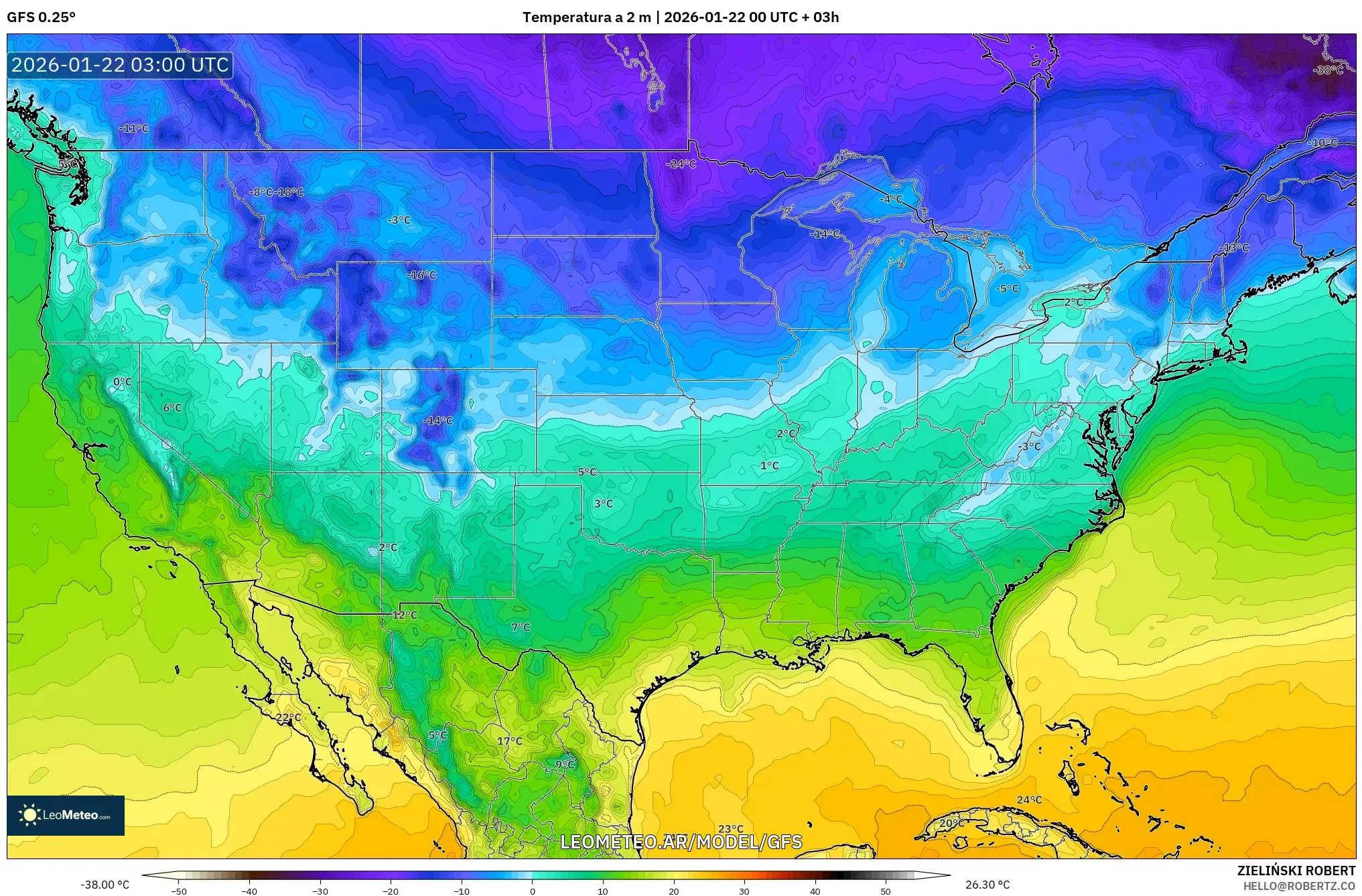 GFS model - Estados Unidos, Temperatura a 2 m
