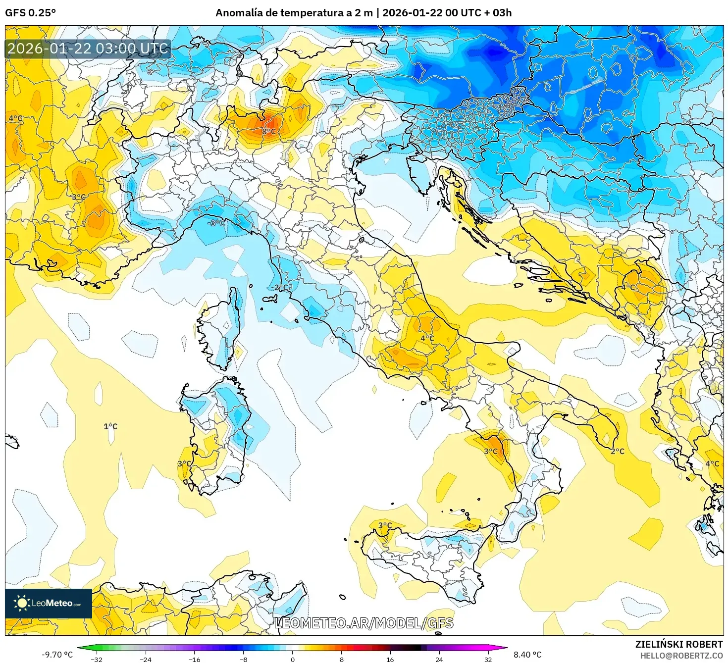 GFS model - Italia, Anomalía de temperatura a 2 m