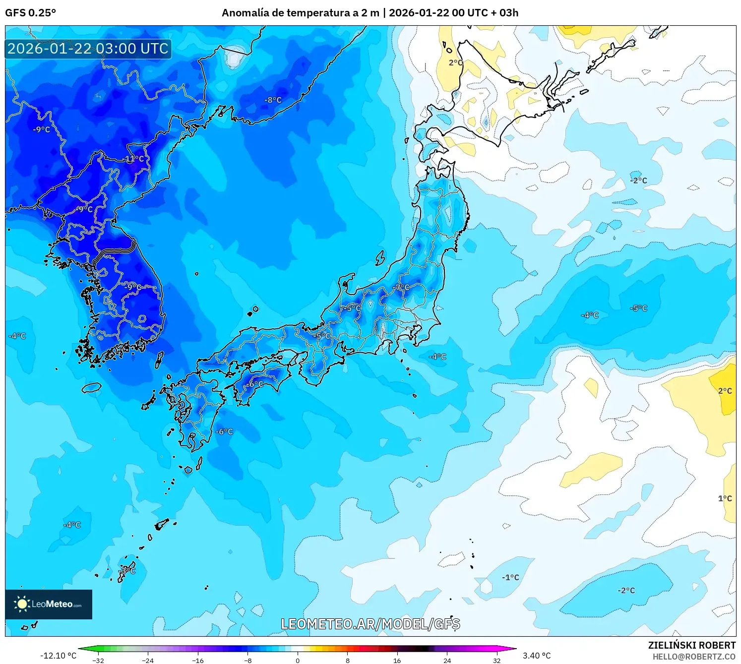 GFS model - Japón, Anomalía de temperatura a 2 m