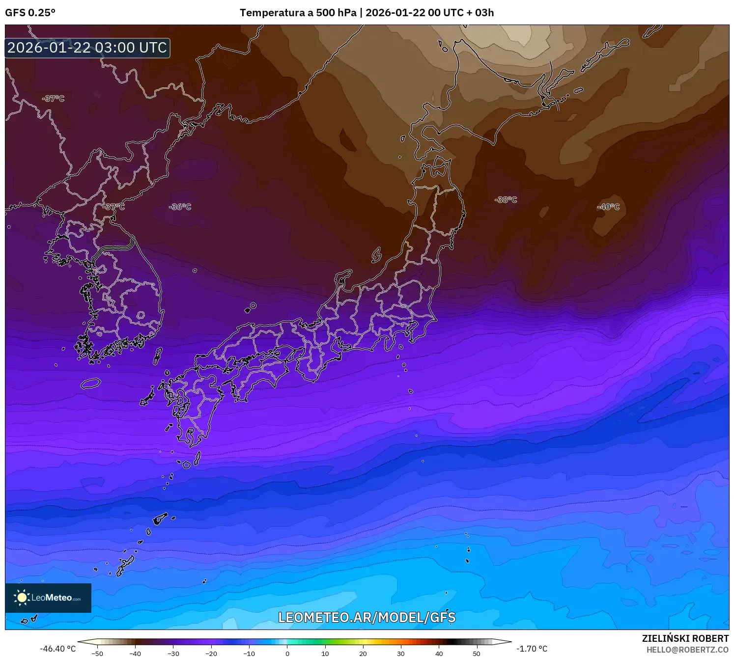 GFS model - Japón, Temperatura a 500 hPa