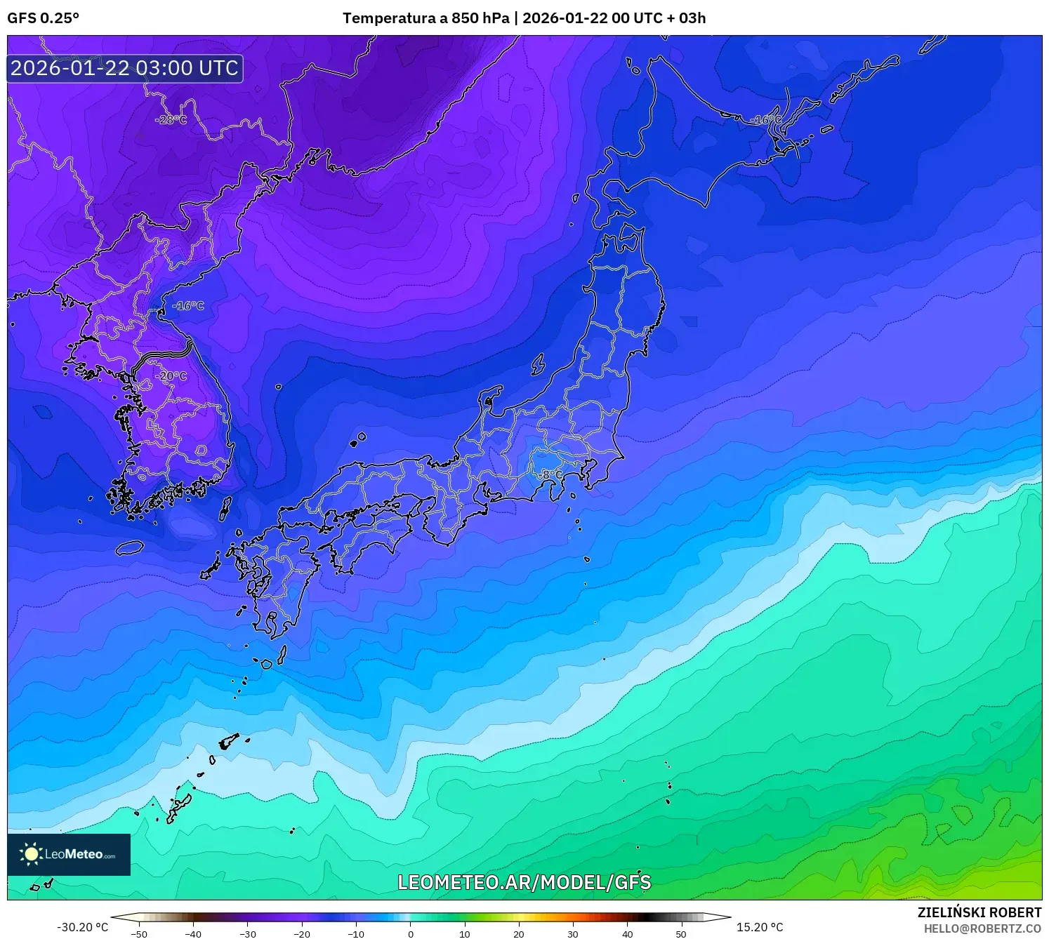 GFS model - Japón, Temperatura a 850 hPa