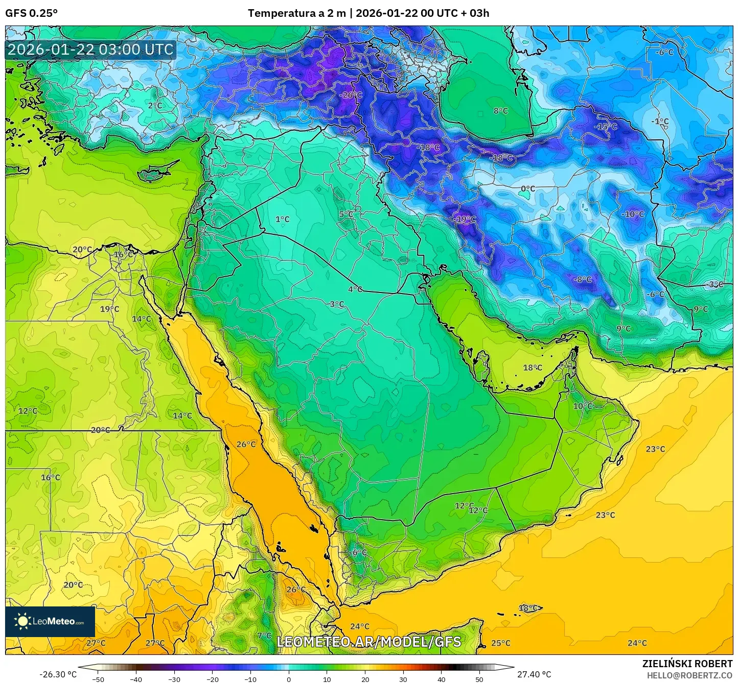 GFS model - Oriente Medio, Temperatura a 2 m