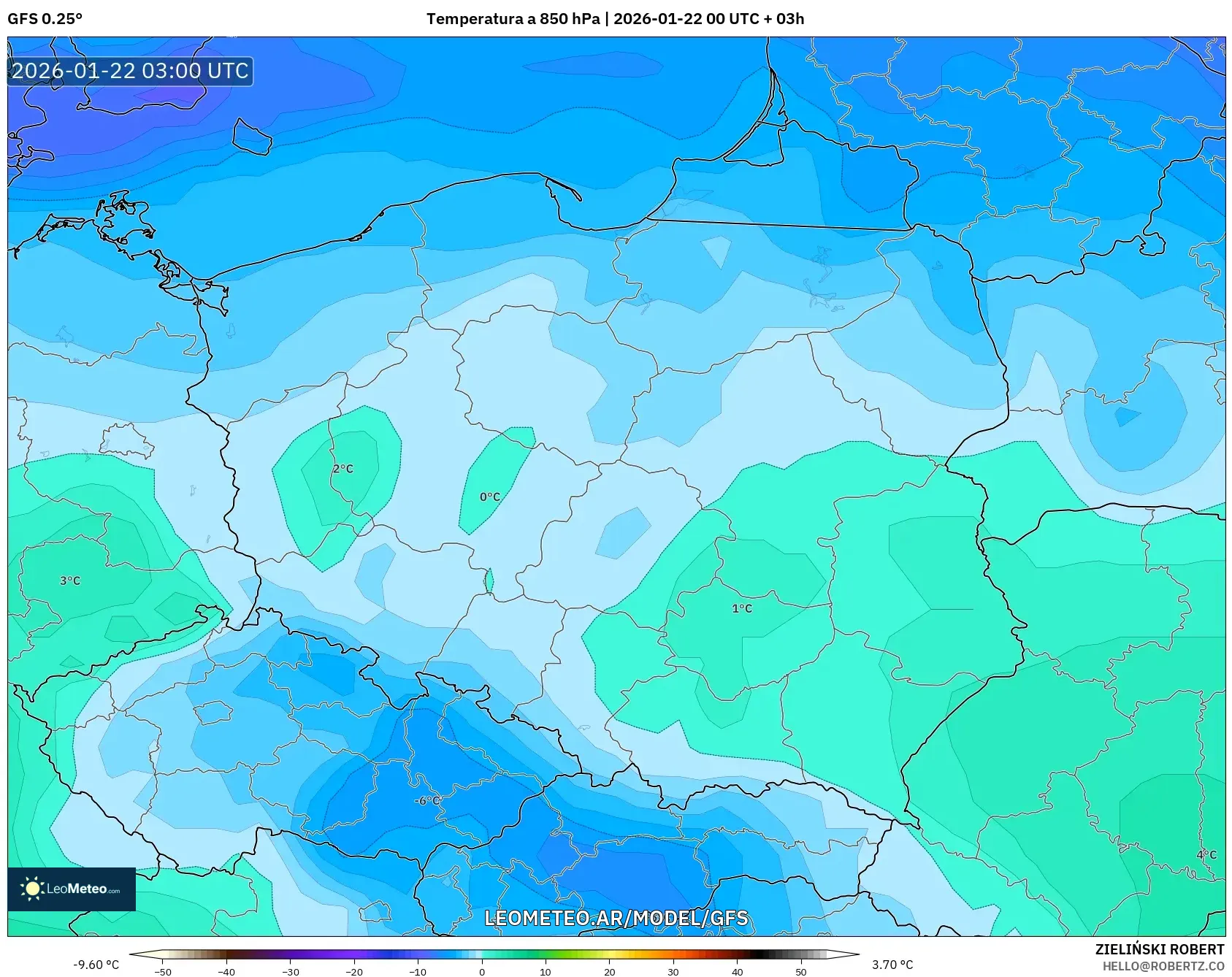 GFS model - Polonia, Temperatura a 850 hPa