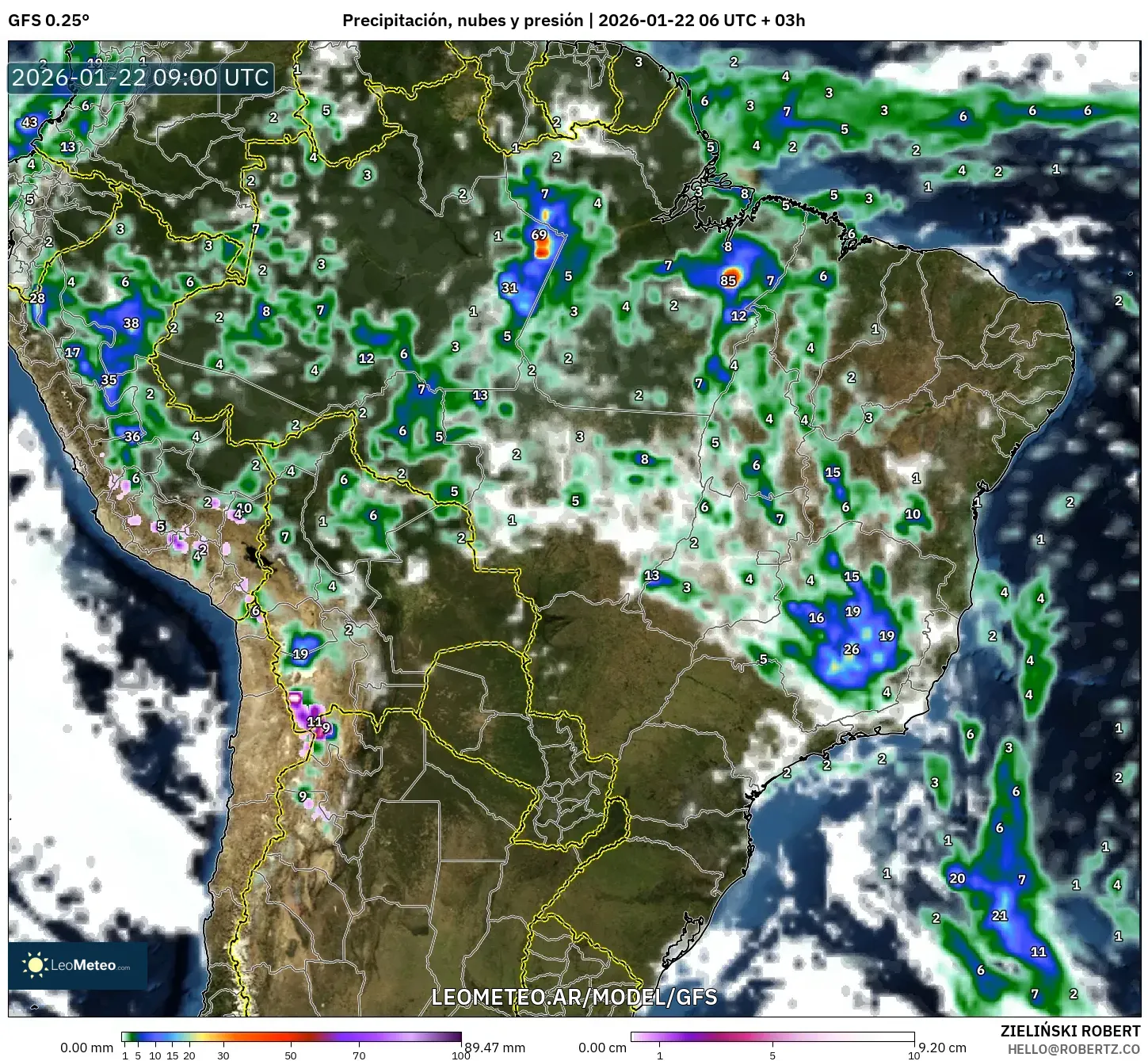 GFS model - Brasil, Precipitación, nubes y presión
