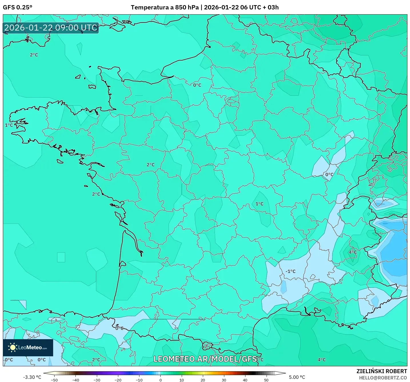 GFS model - Francia, Temperatura a 850 hPa