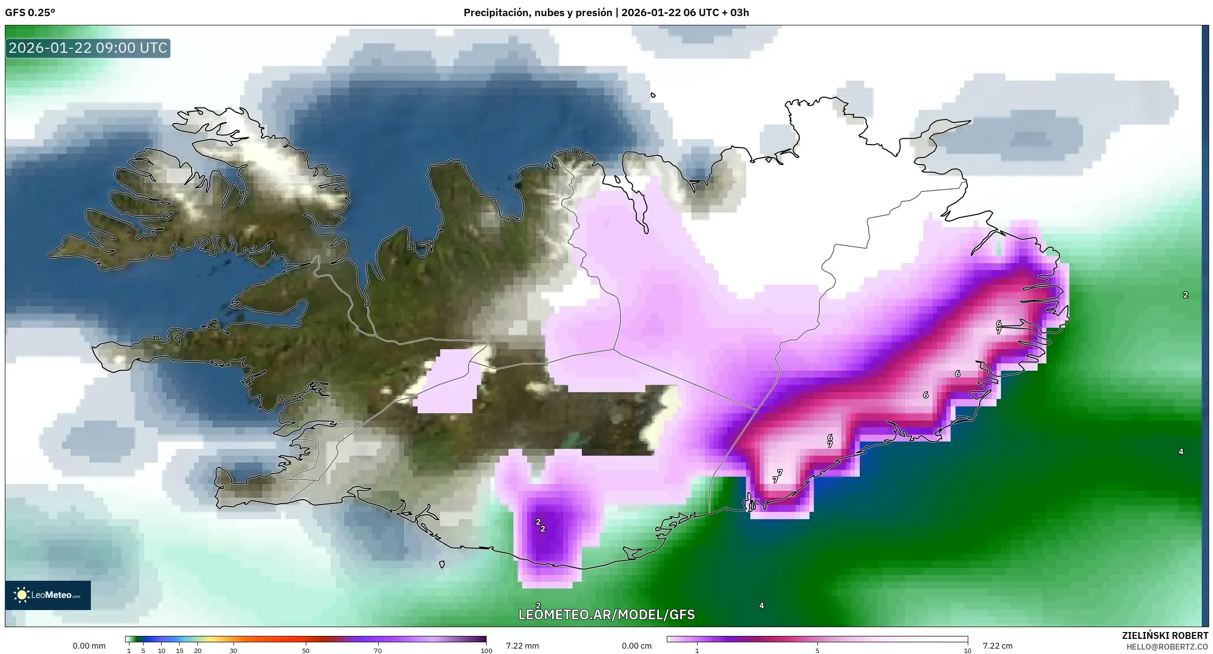 GFS model - Islandia, Precipitación, nubes y presión