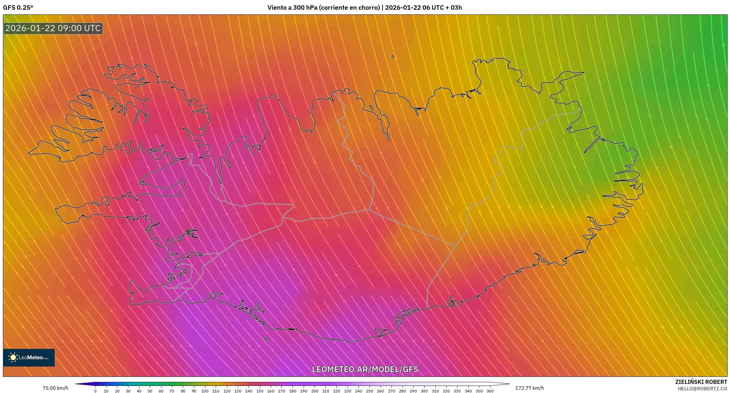 GFS model - Islandia, Viento a 300 hPa (corriente en chorro)