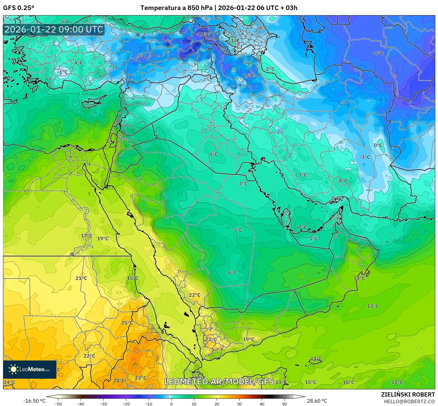 GFS model - Oriente Medio, Temperatura a 850 hPa