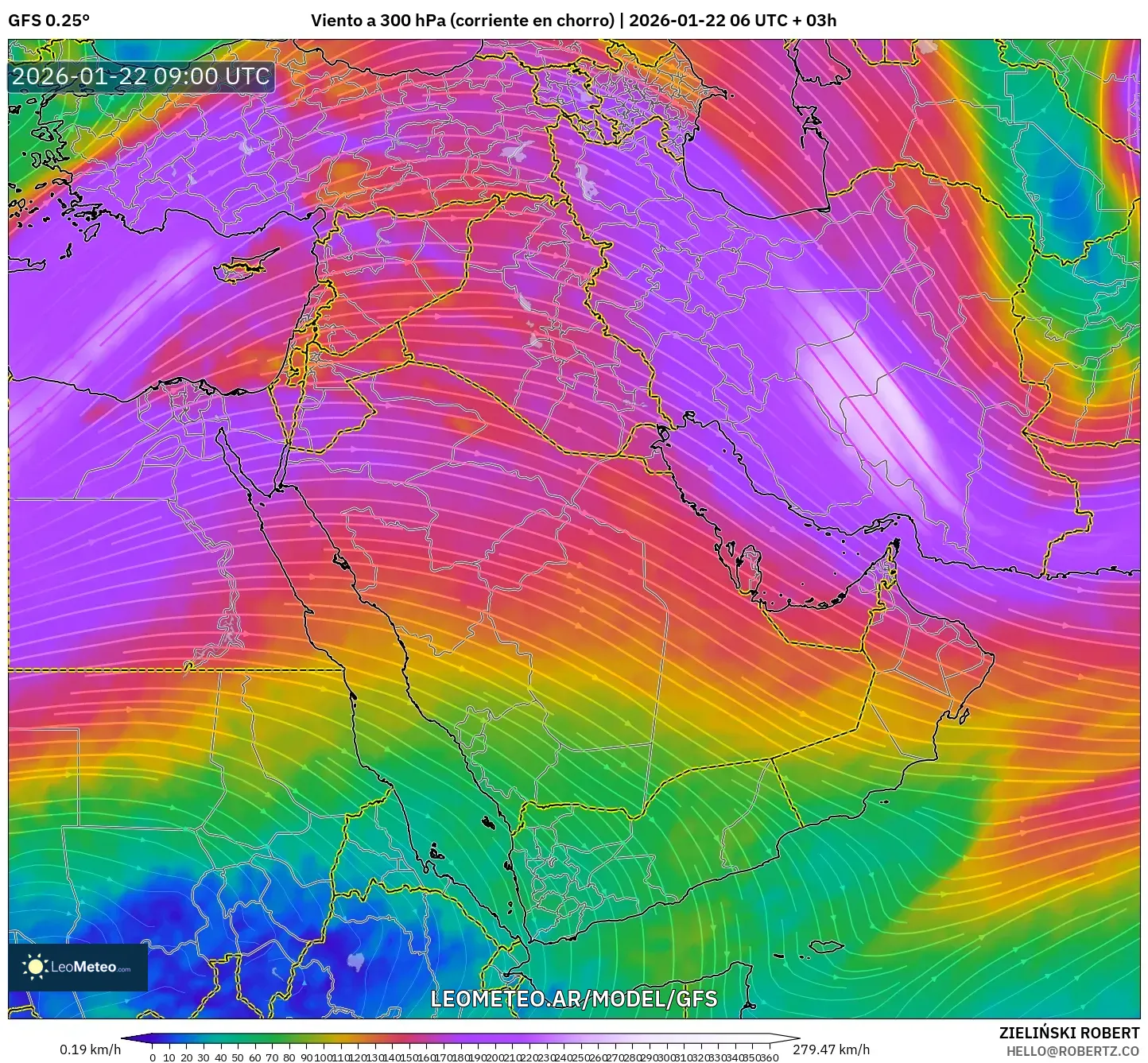 GFS model - Oriente Medio, Viento a 300 hPa (corriente en chorro)