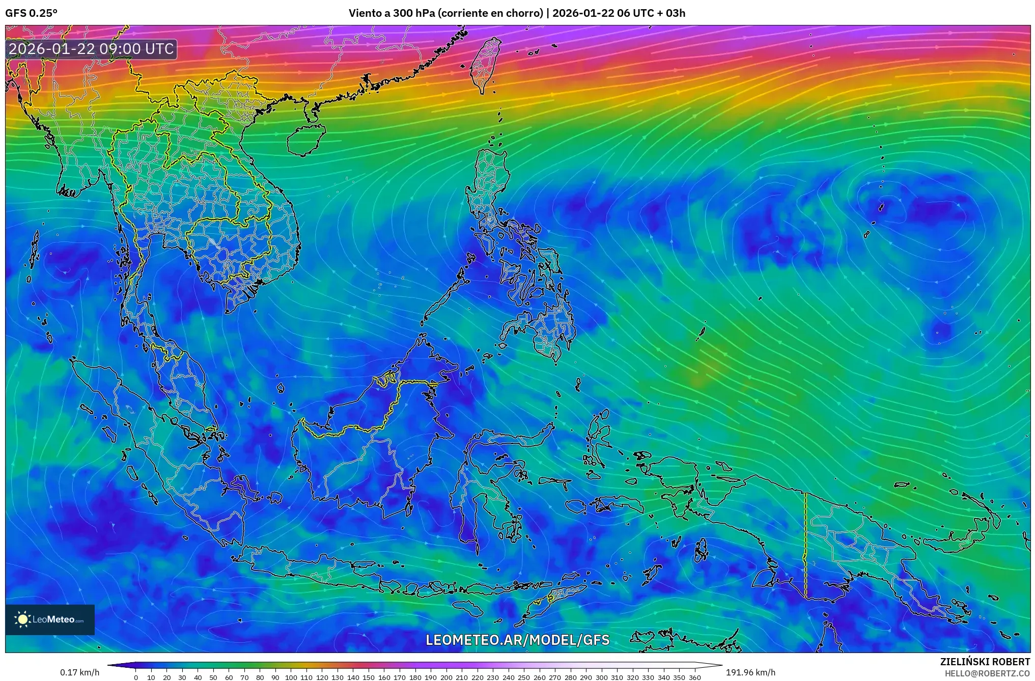 GFS model - Sudeste Asiático, Viento a 300 hPa (corriente en chorro)