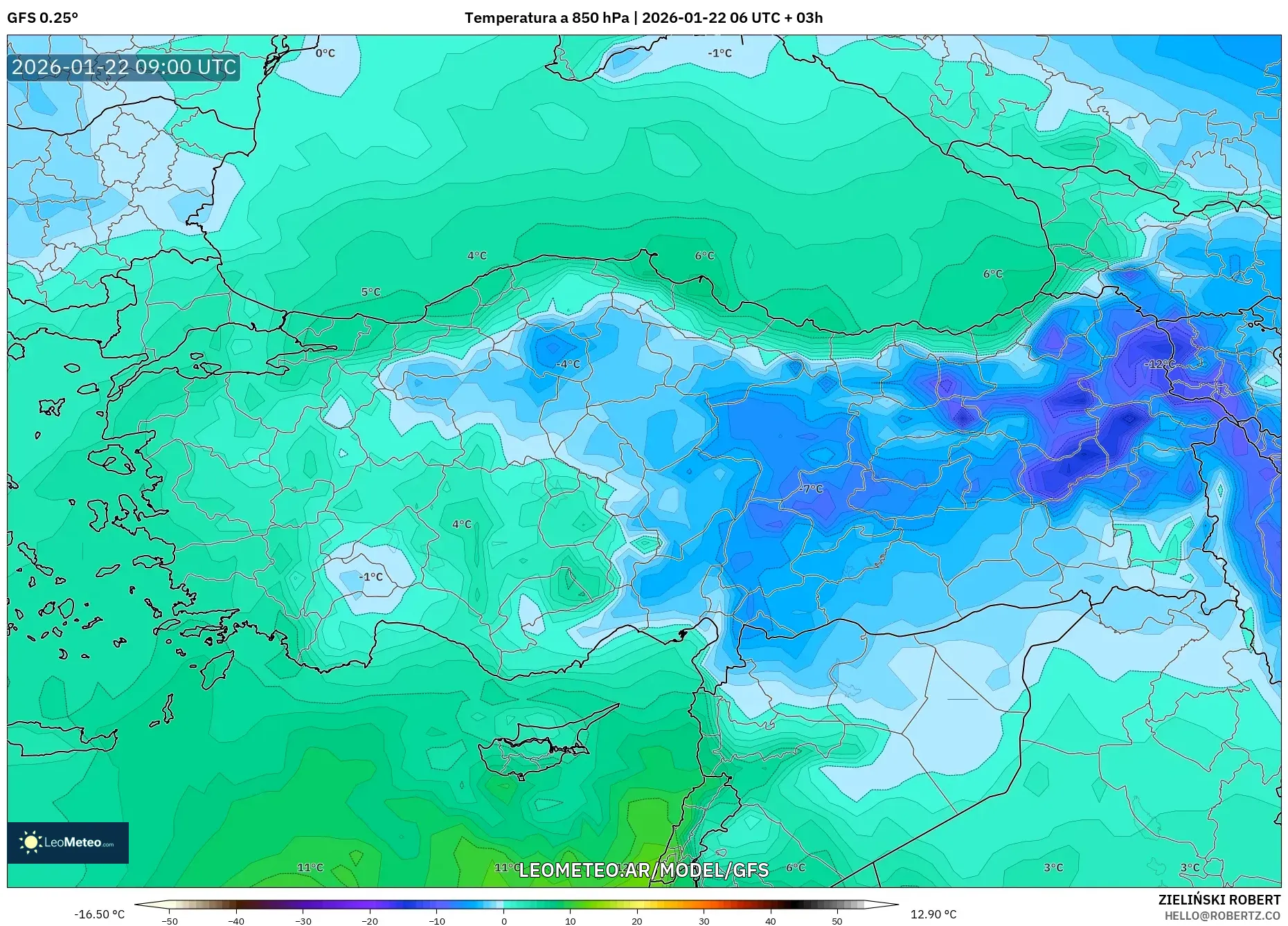 GFS model - Turquía, Temperatura a 850 hPa