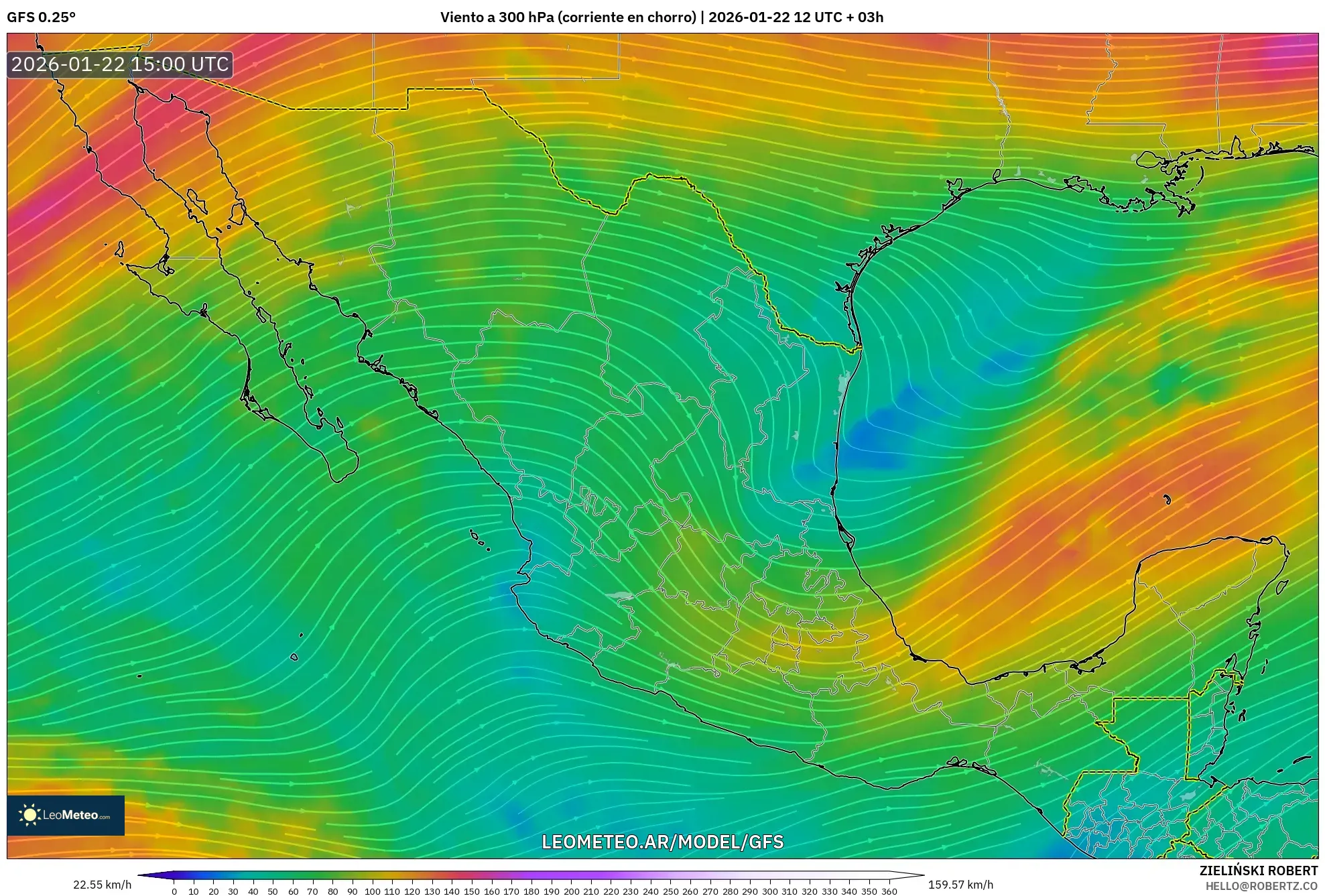 GFS model - México, Viento a 300 hPa (corriente en chorro)