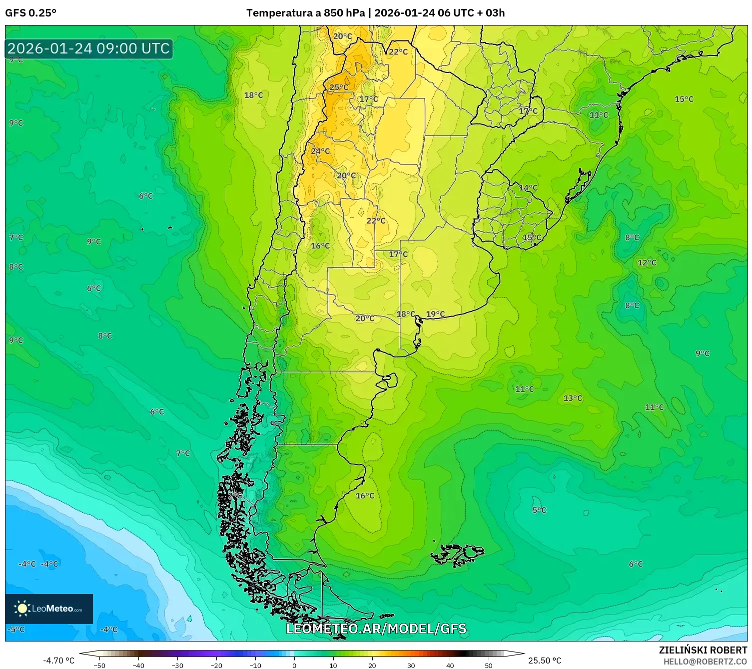 GFS model - Argentina, Temperatura a 850 hPa