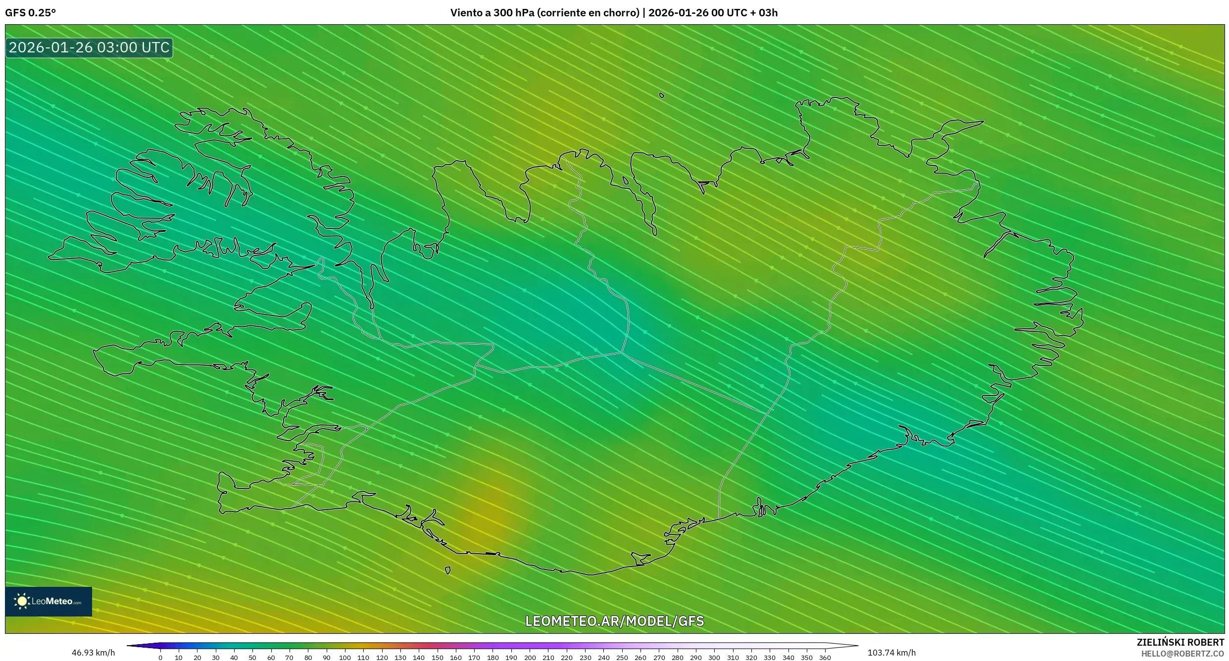 GFS model - Islandia, Viento a 300 hPa (corriente en chorro)