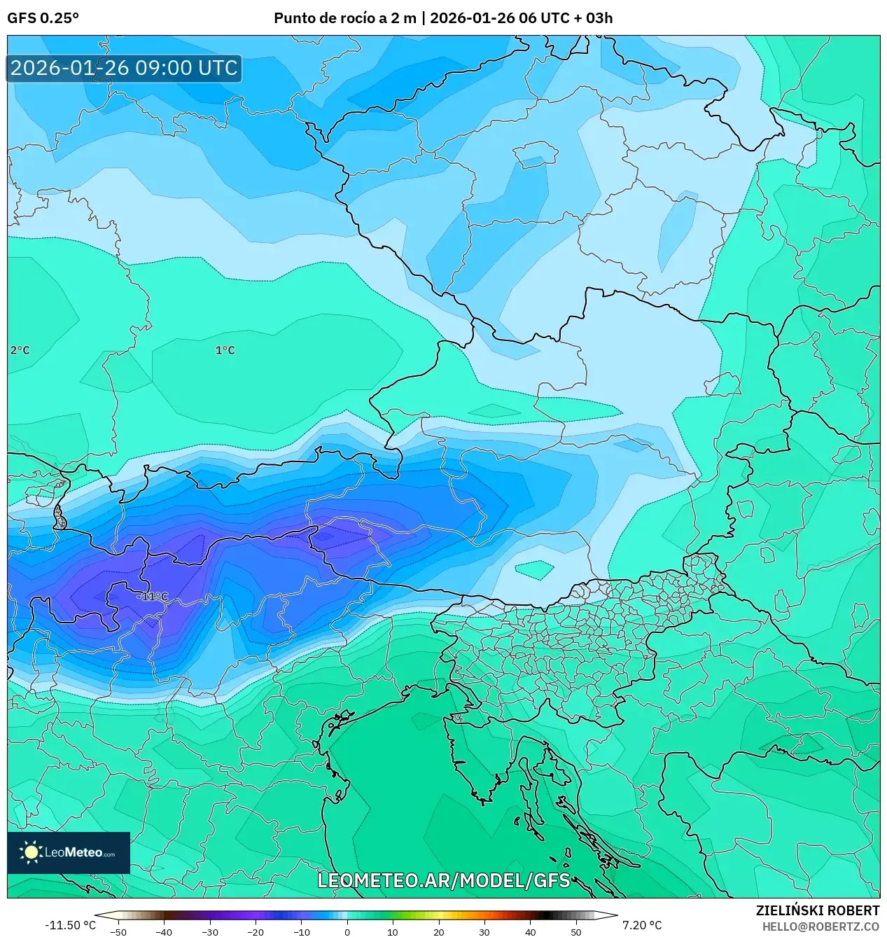 GFS model - Austria, Punto de rocío a 2 m