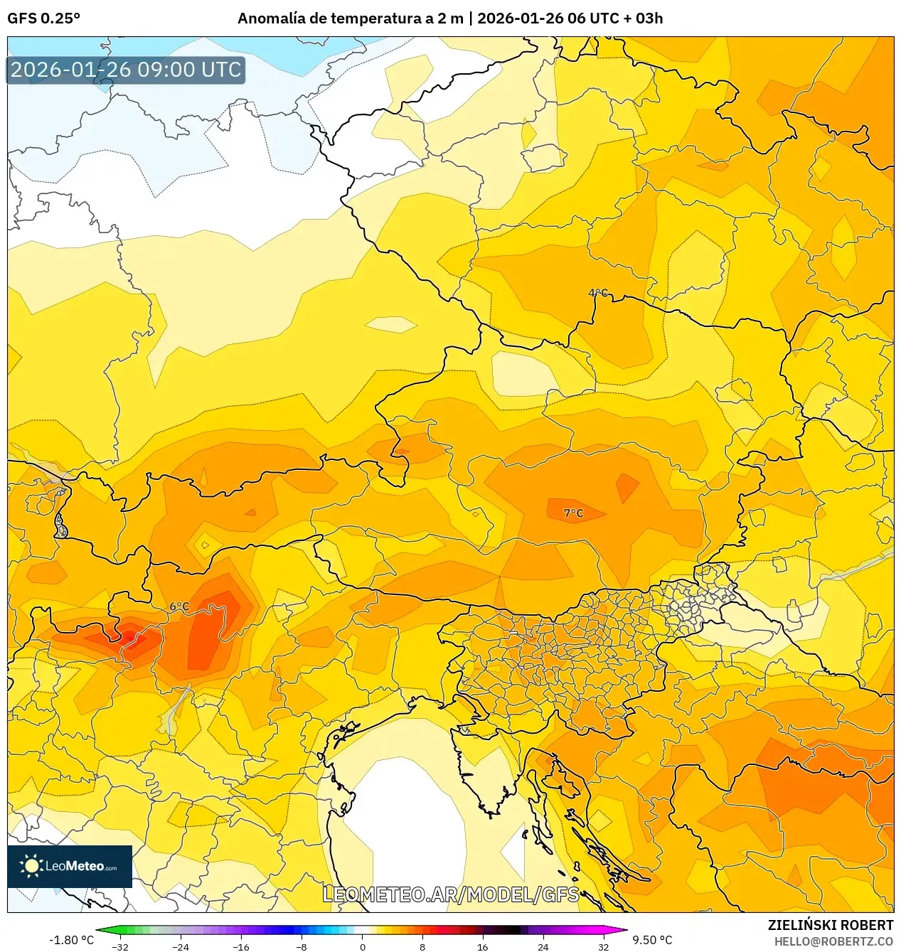 GFS model - Austria, Anomalía de temperatura a 2 m