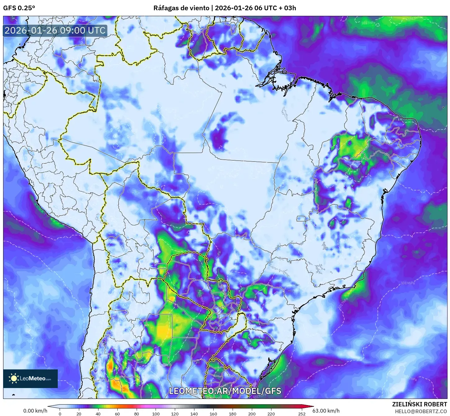 GFS model - Brasil, Ráfagas de viento