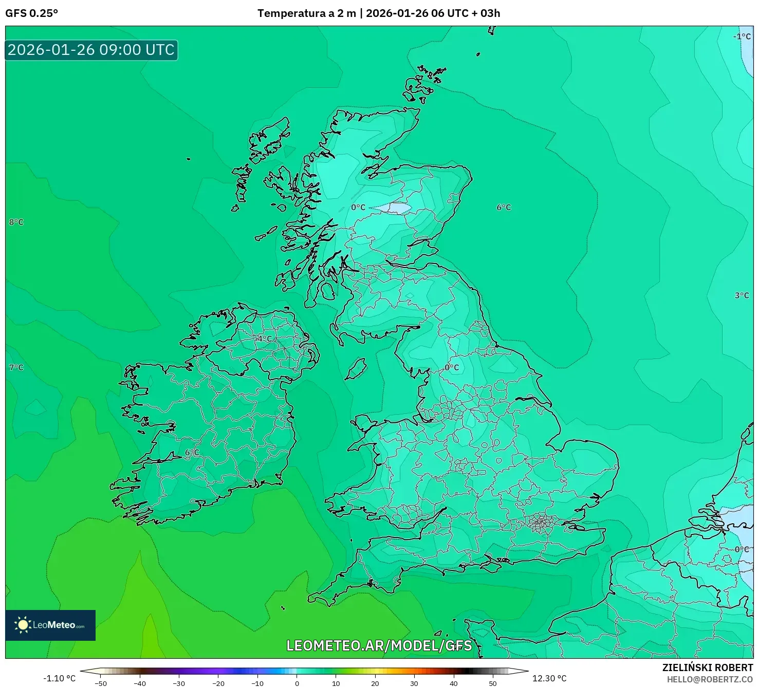 GFS model - Reino Unido, Temperatura a 2 m
