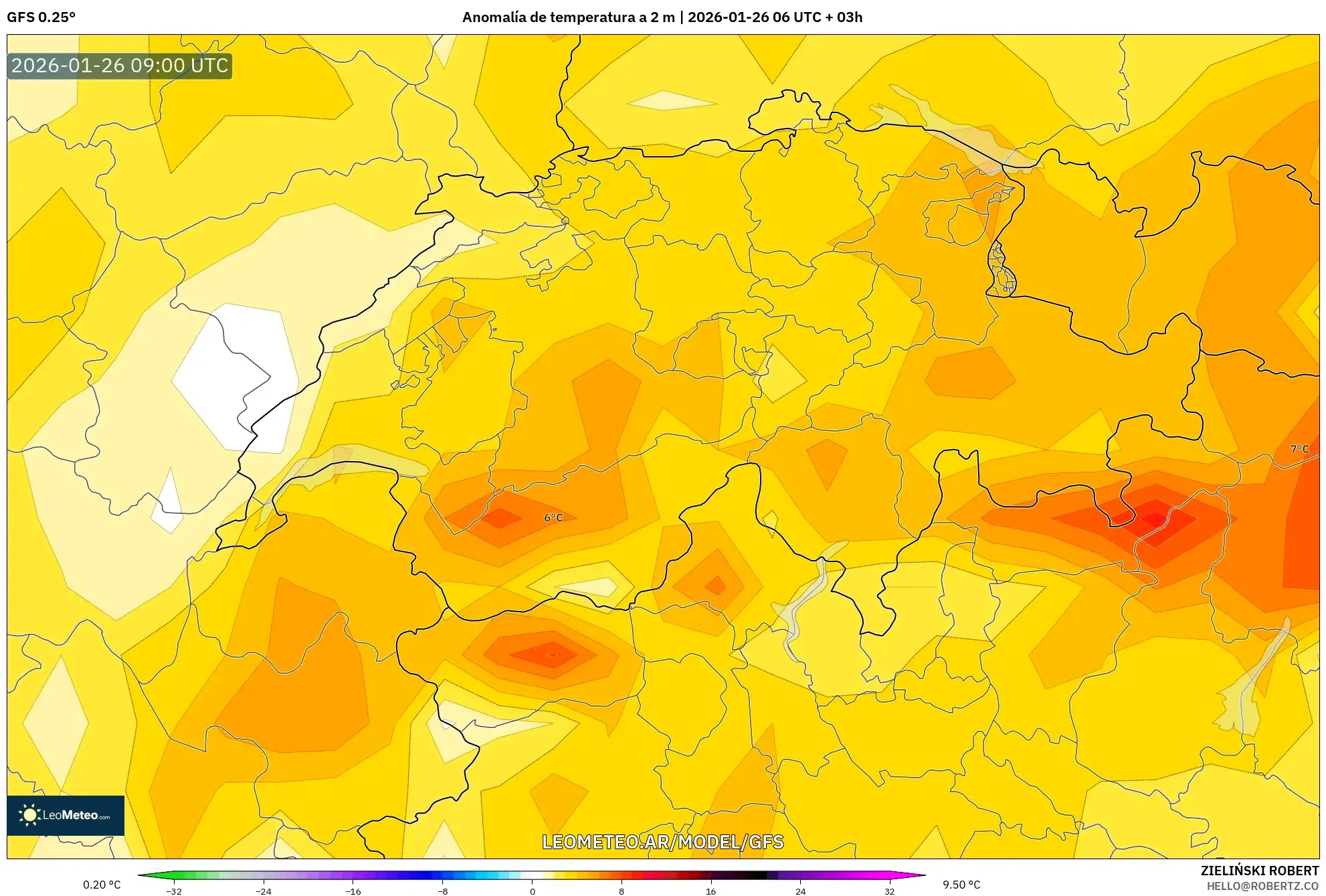 GFS model - Suiza, Anomalía de temperatura a 2 m