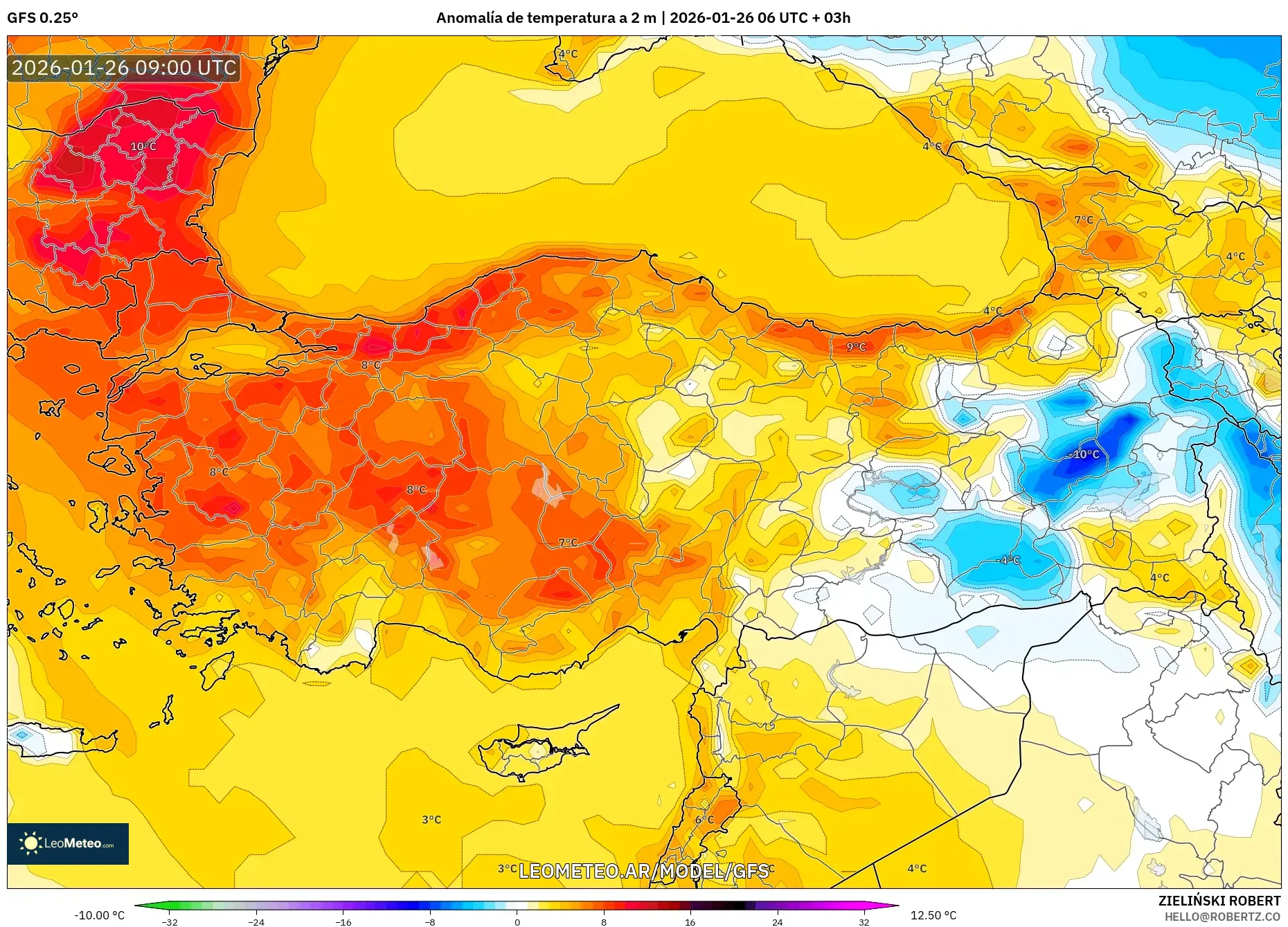 GFS model - Turquía, Anomalía de temperatura a 2 m