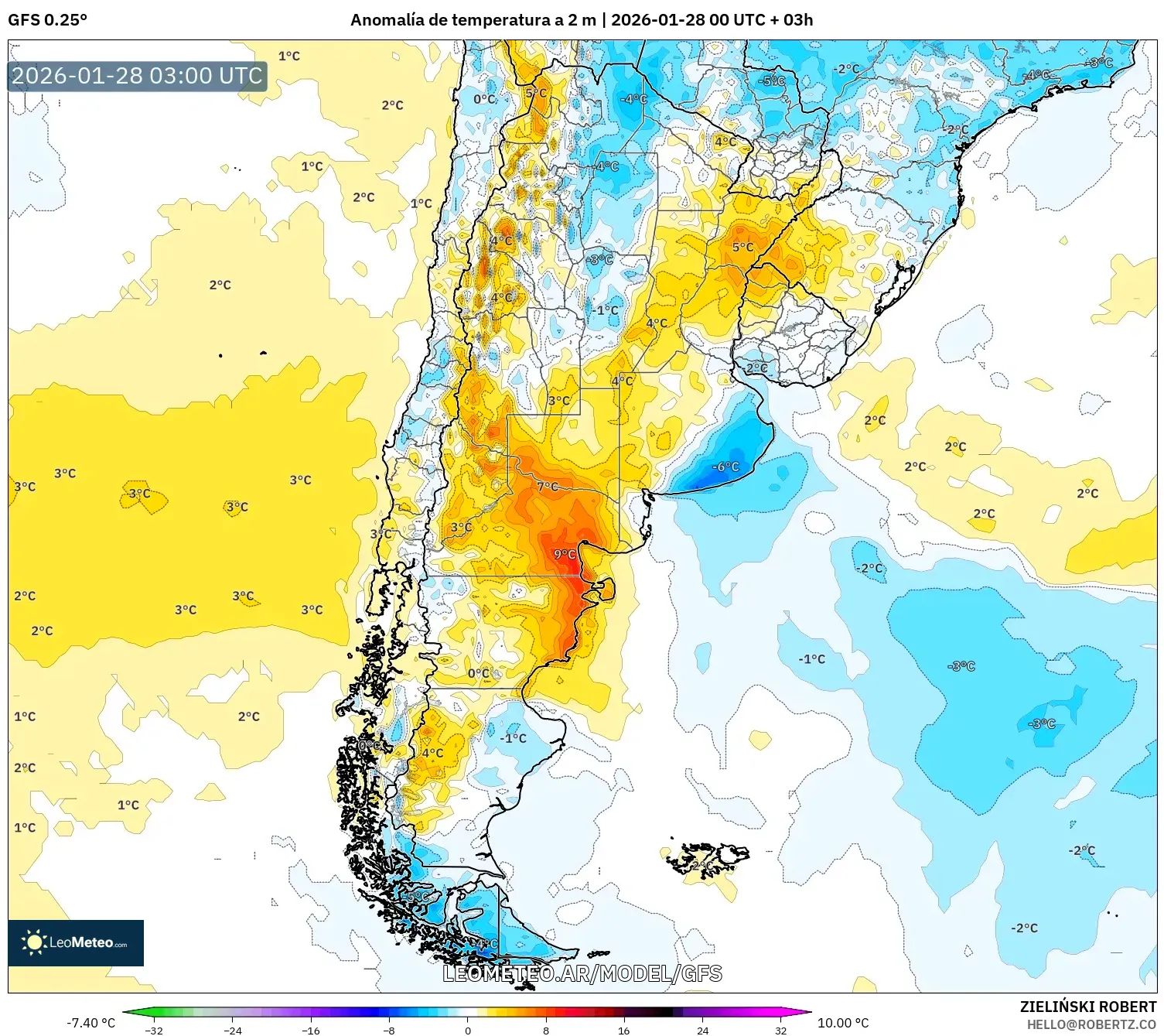 GFS model - Argentina, Anomalía de temperatura a 2 m