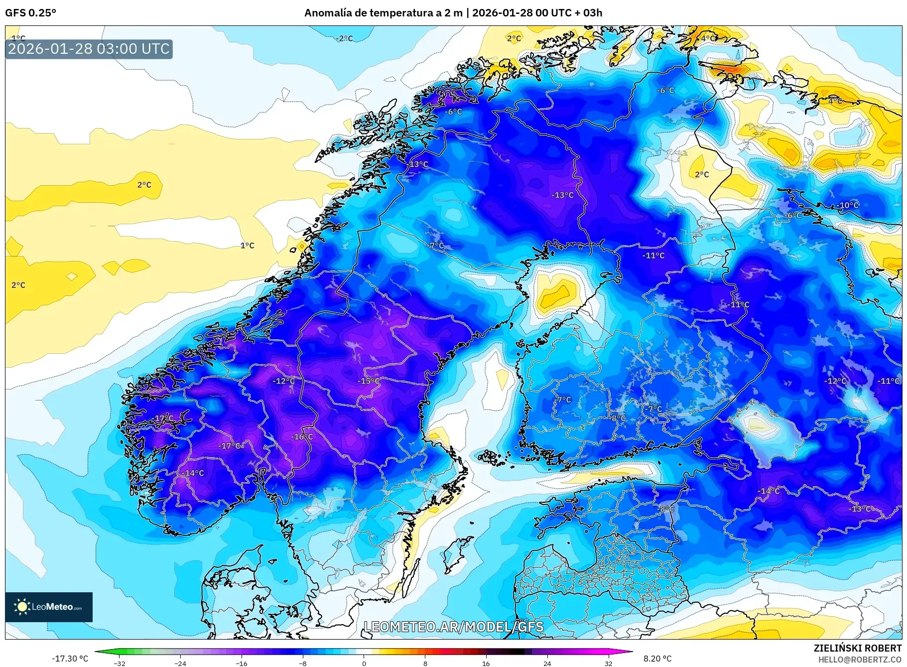 GFS model - Escandinavia, Anomalía de temperatura a 2 m
