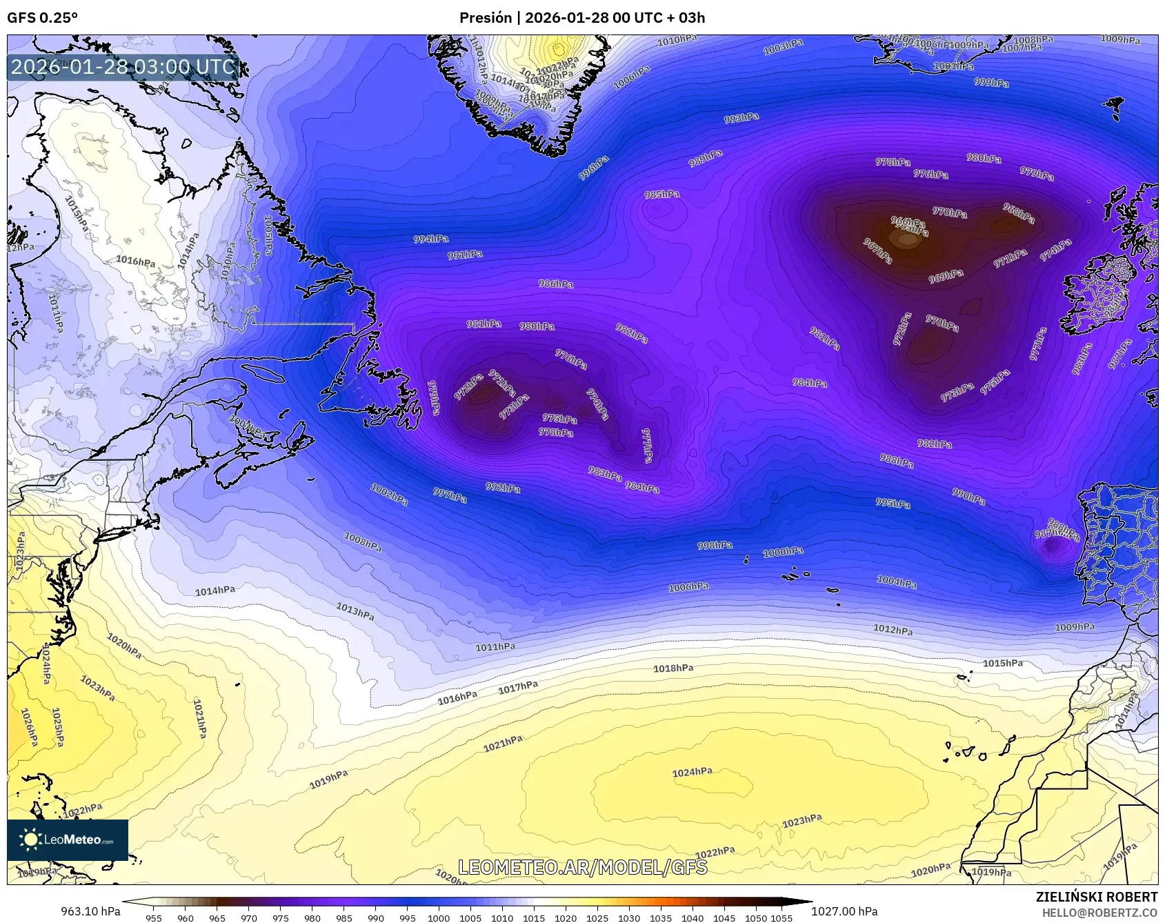 GFS model - Norte Atlántico, Presión