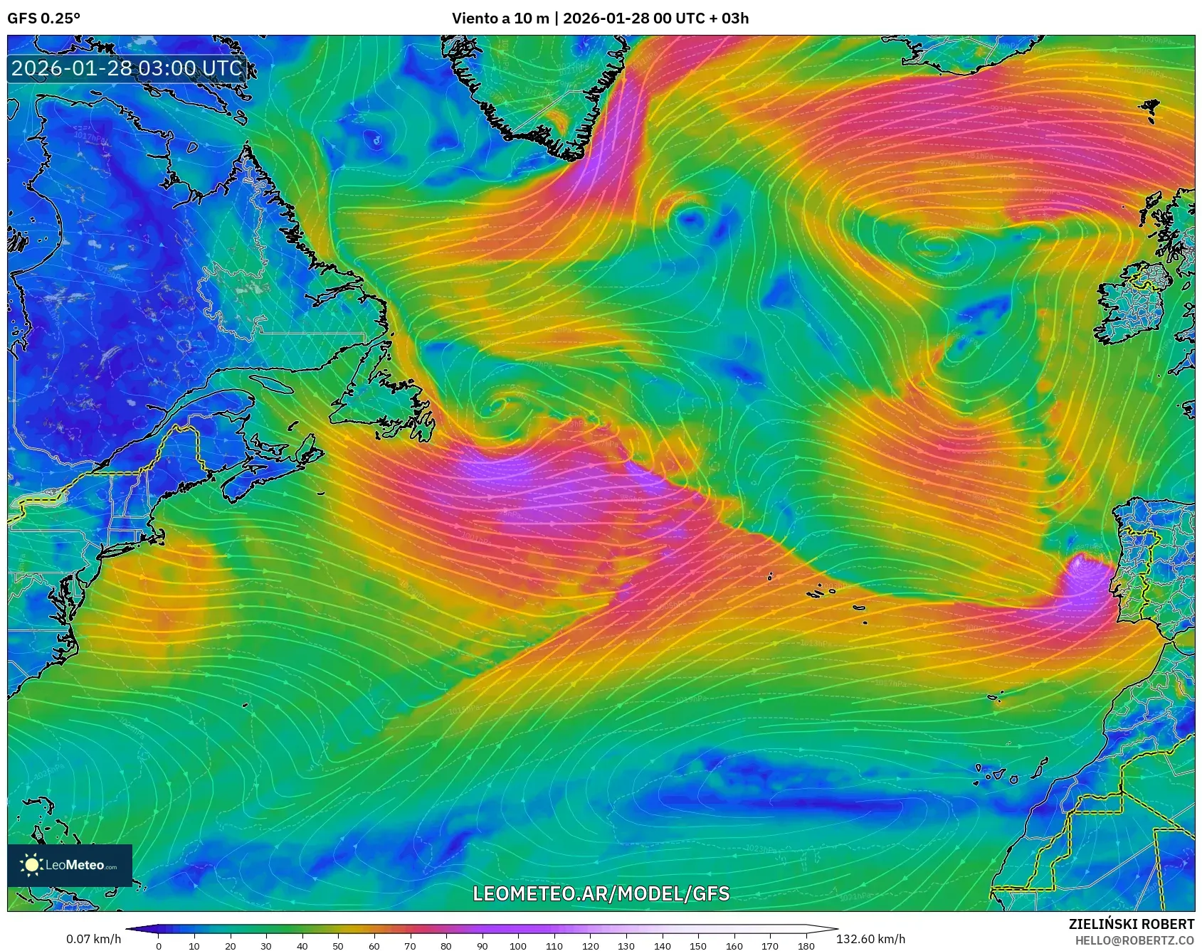 GFS model - Norte Atlántico, Viento a 10 m